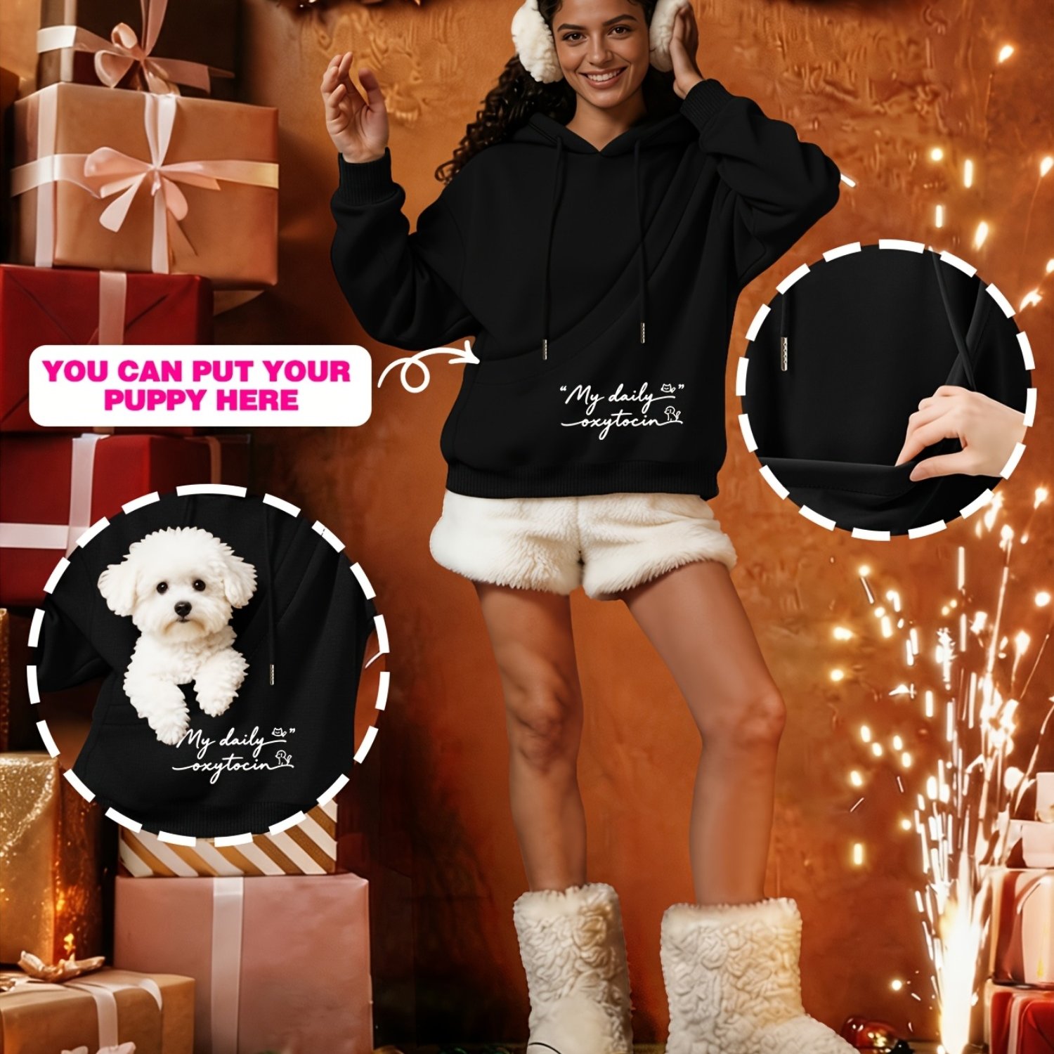 TEMU Women's Loose Fleece-lined Hooded Sweatshirt, Printed Design, For Pet Lovers, With Built-in Pocket, Soft And Comfortable, Fleece-lined , For