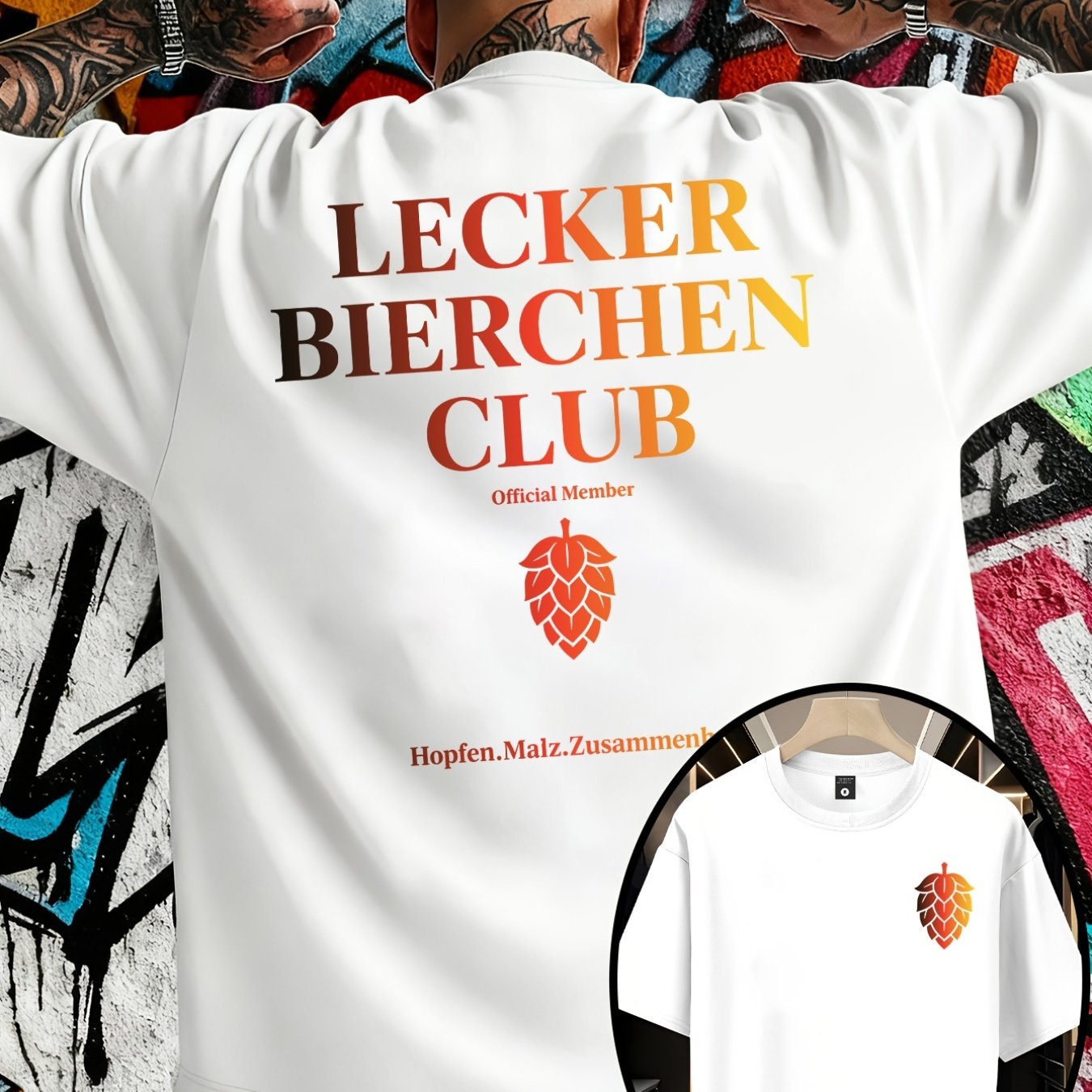 Image of Men's Trendy Loose- Neck T-shirt, Casual Daily Short-sleeve Tee, Bierchen Club, Printed T-shirt, As A Gift