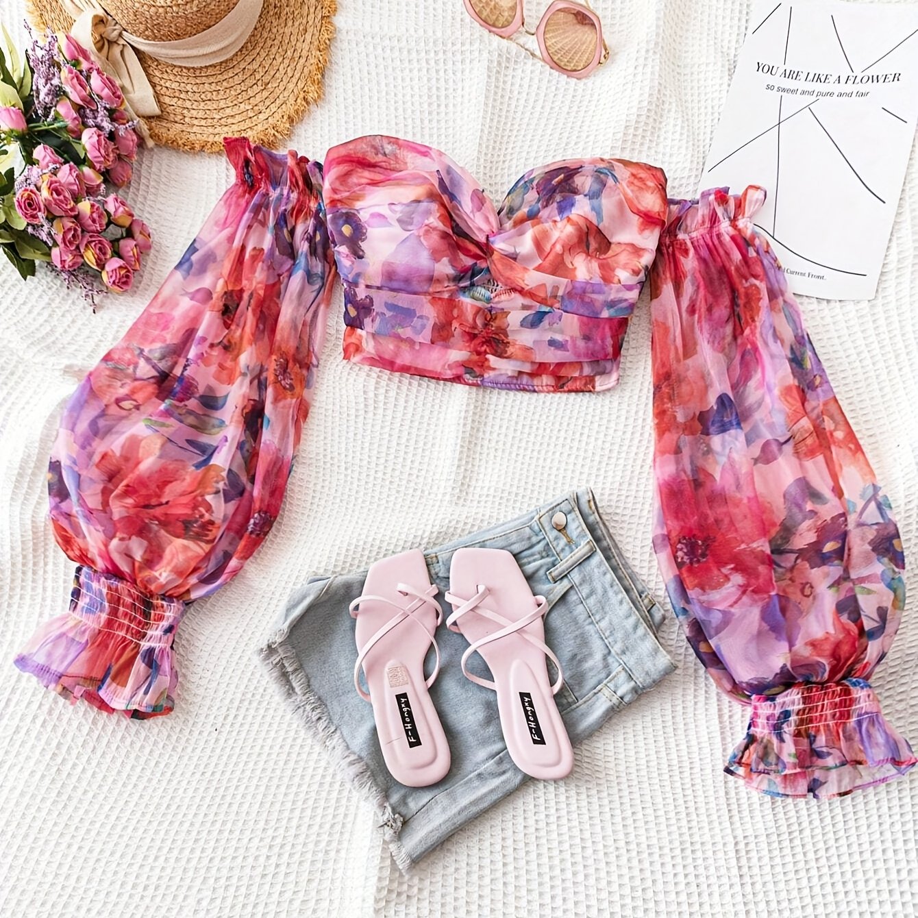 TEMU Summer Style Romantic Casual Easter/graduation Ceremony/wedding/back To /party/lunch/ Cute Watercolor Pink Purple Off-the-shoulder Twisted Shirt Georgette Material