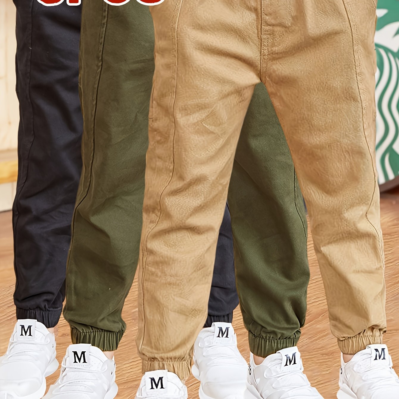 Image of 3pcs Boys Kids Casual Cargo Pants Hiking Pants Solid Color Slim Fit Sweatpants Trousers For Sports Dancewear, For Outdoor