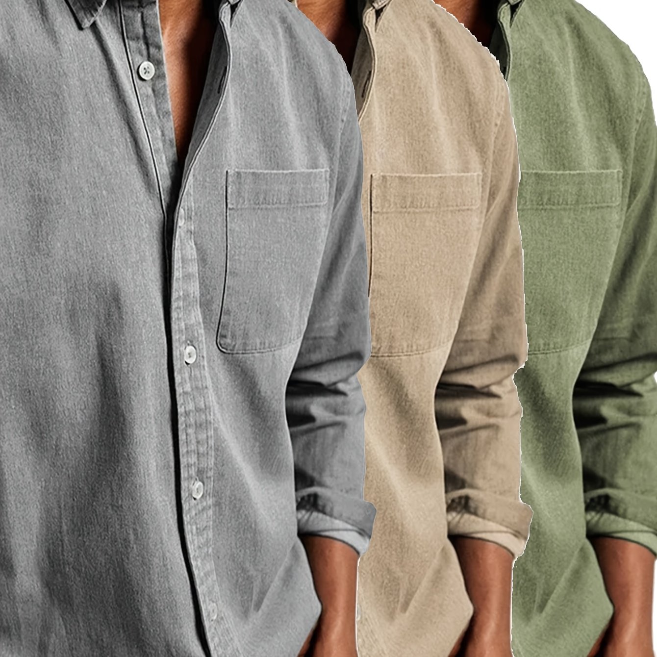 TEMU 3pcs Men's Casual Vintage Solid Color Long Sleeve Shirts, Thin Button Lapel Pocket Henry Shirts For Spring Summer, Beach Holiday Multi-piece Set