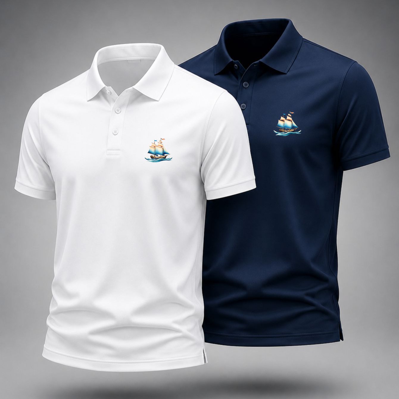 Image of 2pcs Men's Shirt Set Sailboat Theme Printed Cotton Blend Shirts Classic Nautical Style Men's Summer Casual Wear Beach Vacation Gift For