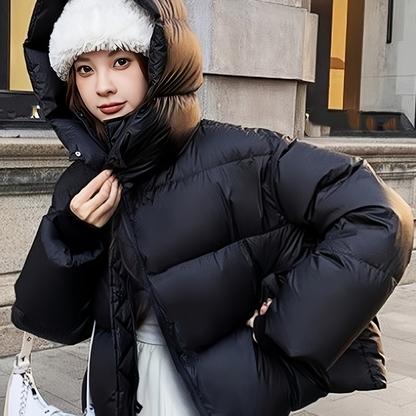 TEMU Abrigo holgado negro con capucha 168#, Chaqueta gruesa y de moda casual