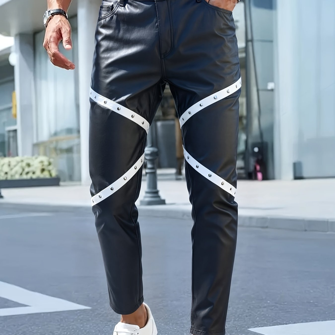 Image of Men's Motorcycle Gothic Steampunk Rock Party Slim Fit Pu Pants Dance Party Striped Rivet Stretchy Night Club Concerts Studded Casual Trousers