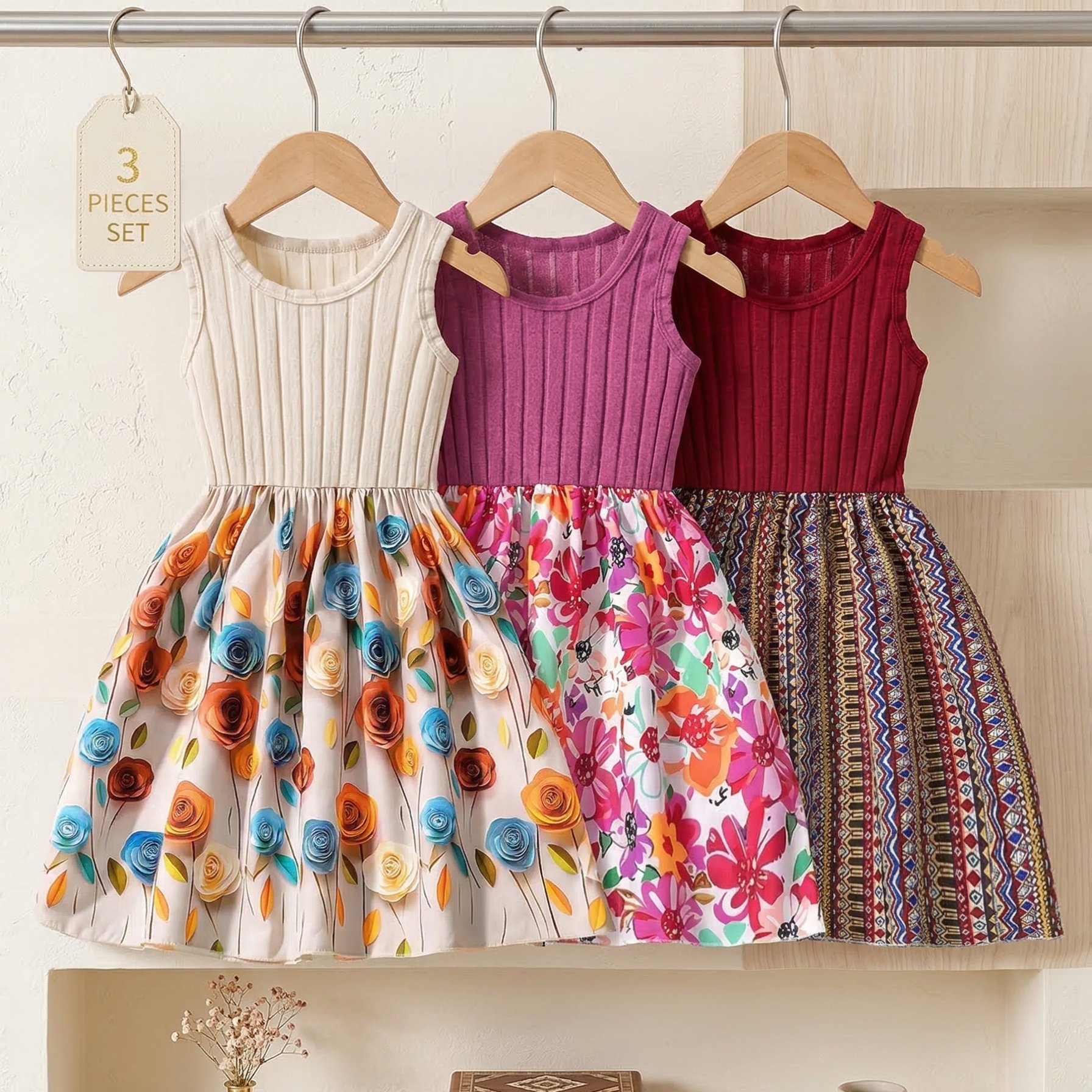 TEMU 3pcs Girls' Summer Solid Color Ribbed Geometric Print Hem Round Neck Tank Dress For Outdoor Play And Vacation