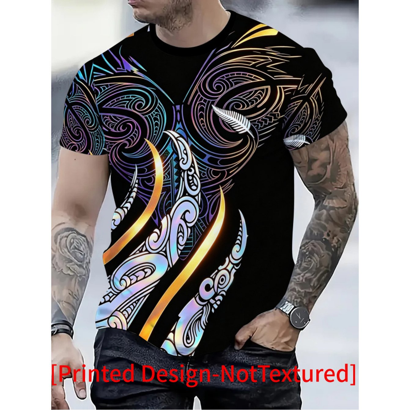 TEMU [printed Design-not Textured] Men's T-shirt, Maori Tribal Patterns, Fashionable Design, Suitable For Casual Wear And Leisure Occasions, Cultural