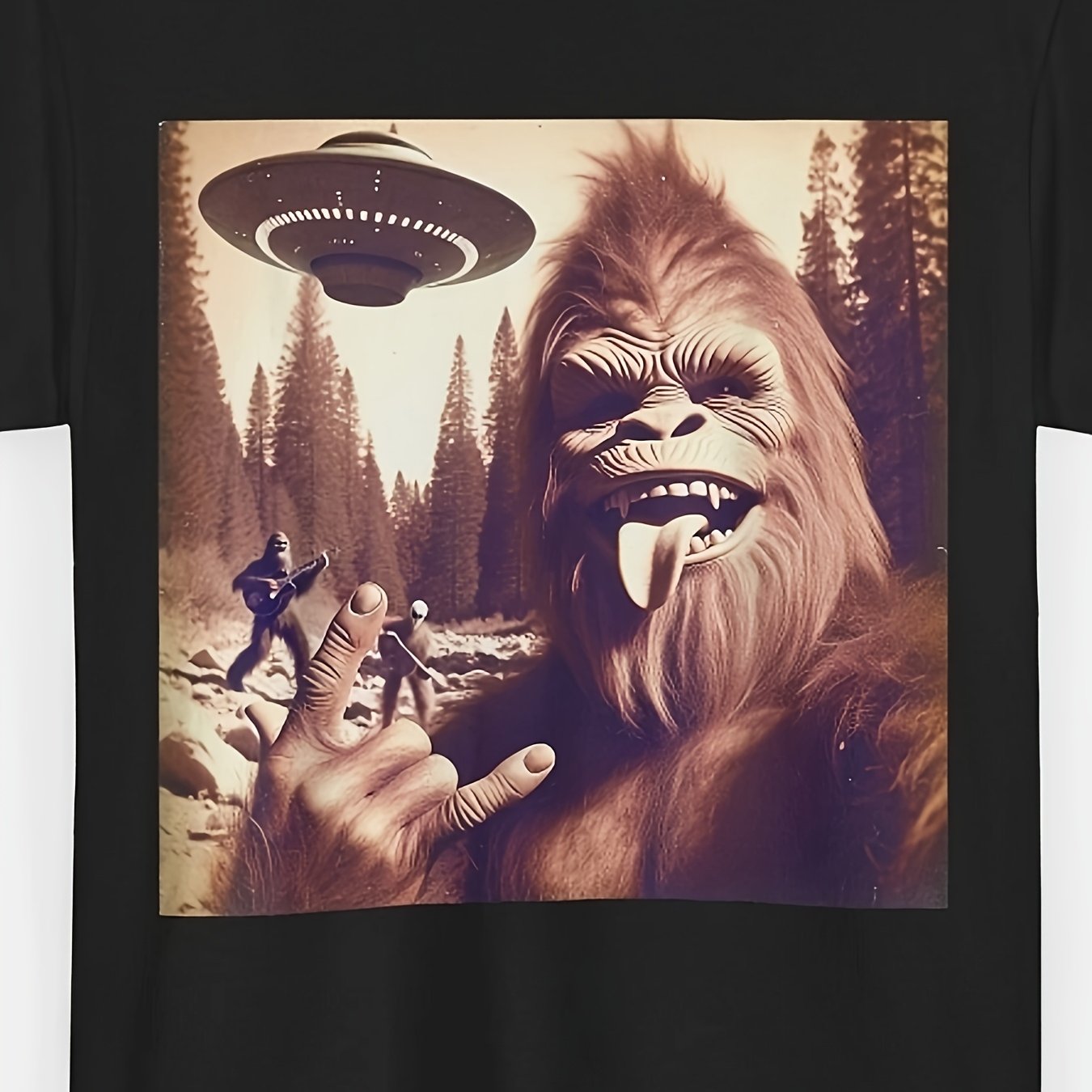TEMU Men's Funny On Selfie& Ufo Graphic Black T Shirt Fabric Loose Fit Casual Tee With Durable Heat Transfer Print All Season Machine Washabl-unisex