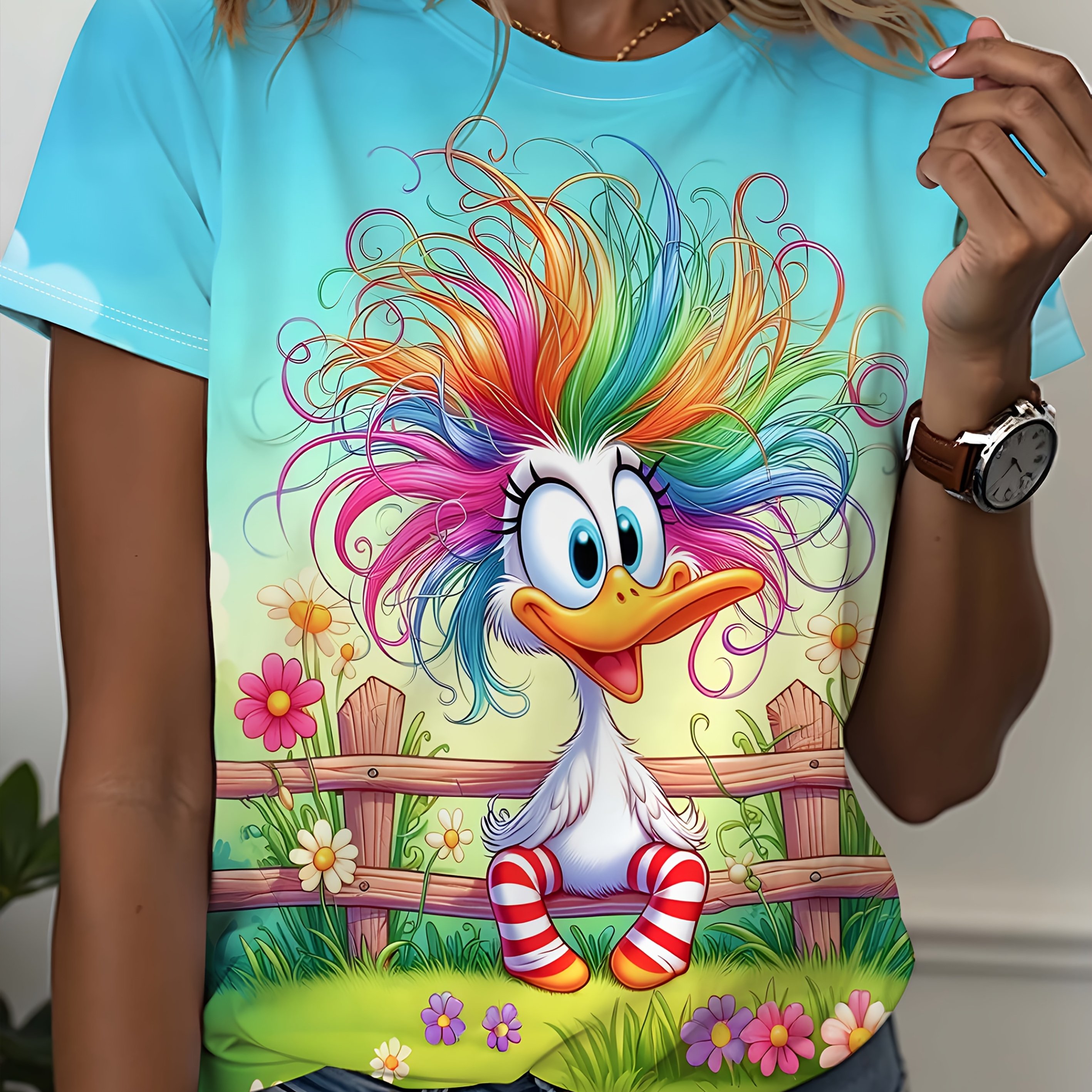 E-shop Damen T-Shirt mit Cartoon-Tierdruck, kurzärmelig, verspielte niedliche Ente geblümter Holzzaun, Alltags-Freizeit-Allrounder, kurzärmelig