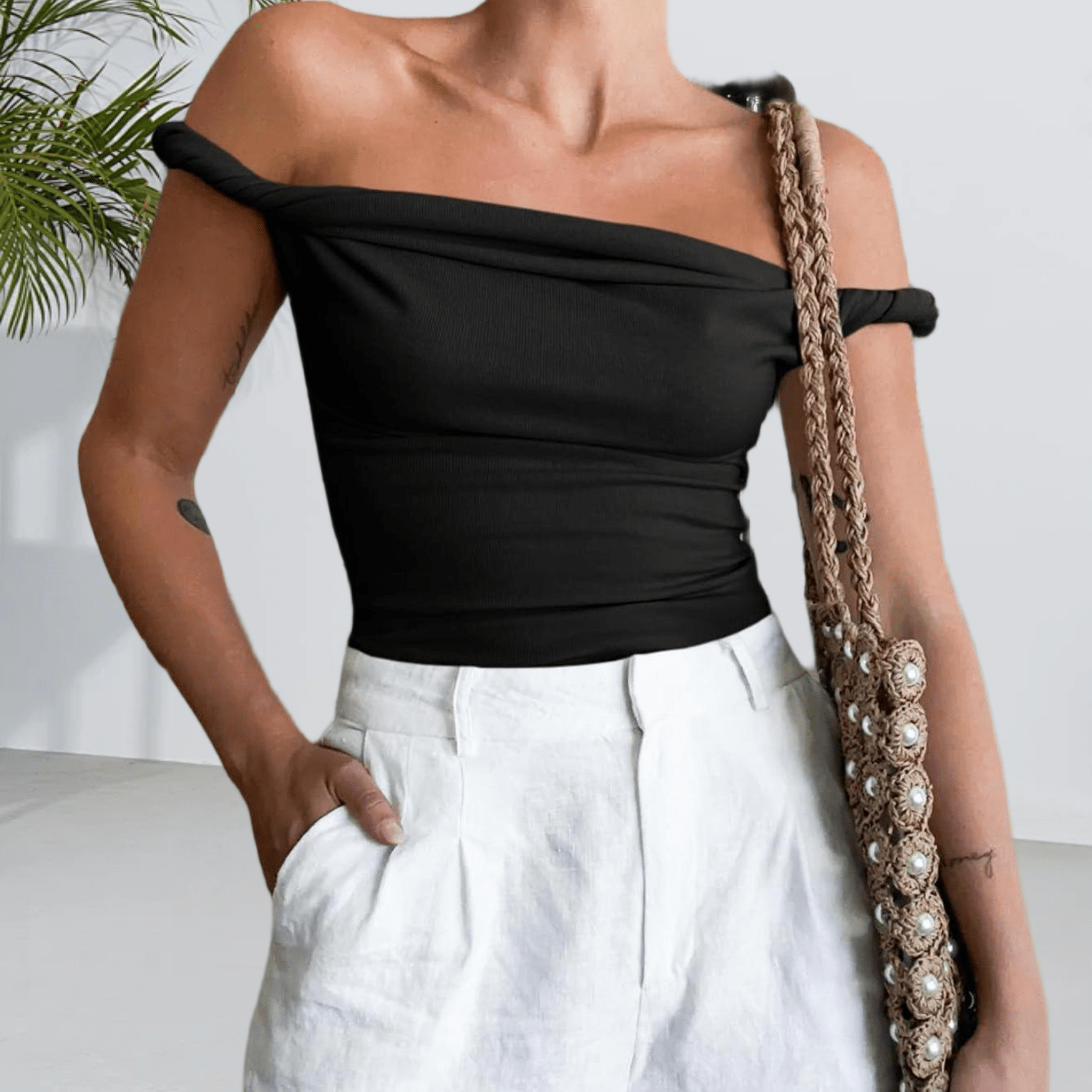 Image of Womens Off The Shoulder Top Sleeveless Slim Fit Stretchy Tank Top Y2k Casual T Shirts