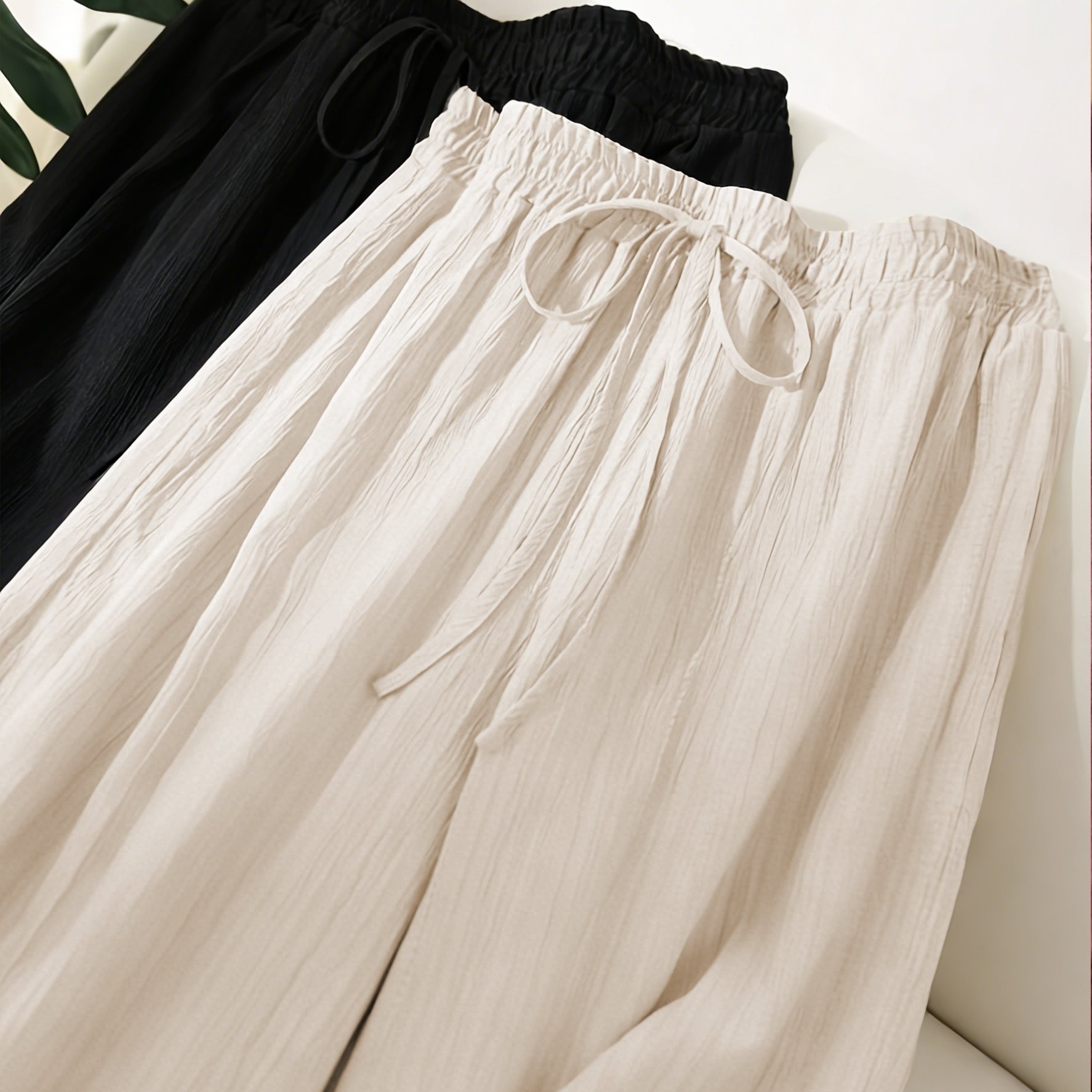 TEMU Plus Size - 2-pack Set Women's Plus Size Wide Leg Pants - High Waisted Decorative Drawstring Waist Design, Pleated Texture Lightweight Casual