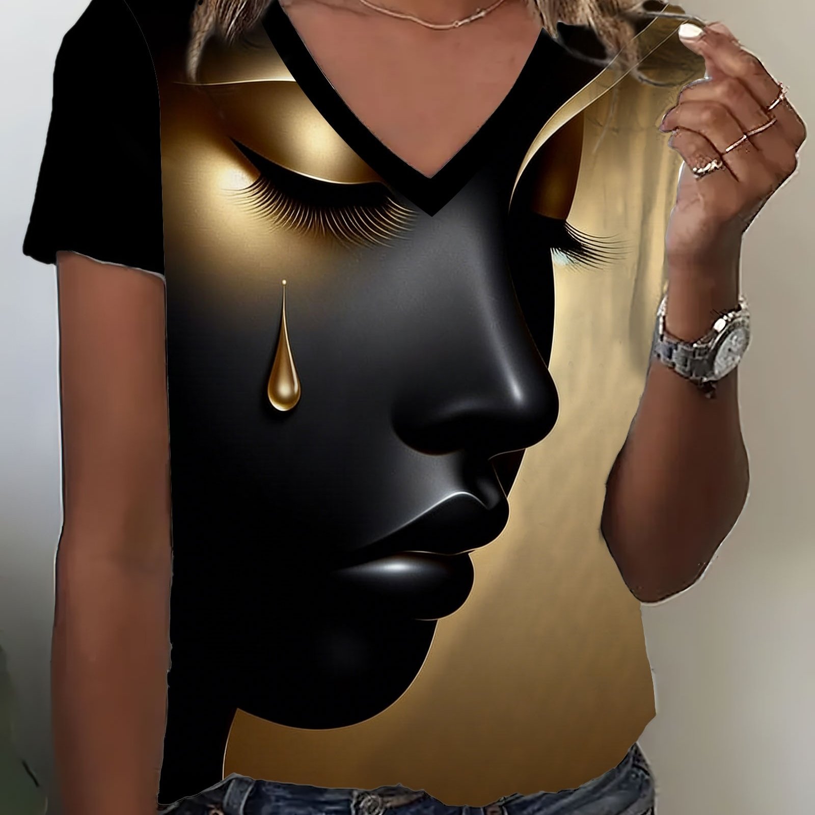 E-shop Damen V-Ausschnitt T-Shirt in Schwarz & Gold mit Gesichtskunst - Kurzarm Sommertop mit elegantem Porträtdruck, Rundhals Casual Bluse für -Fit,