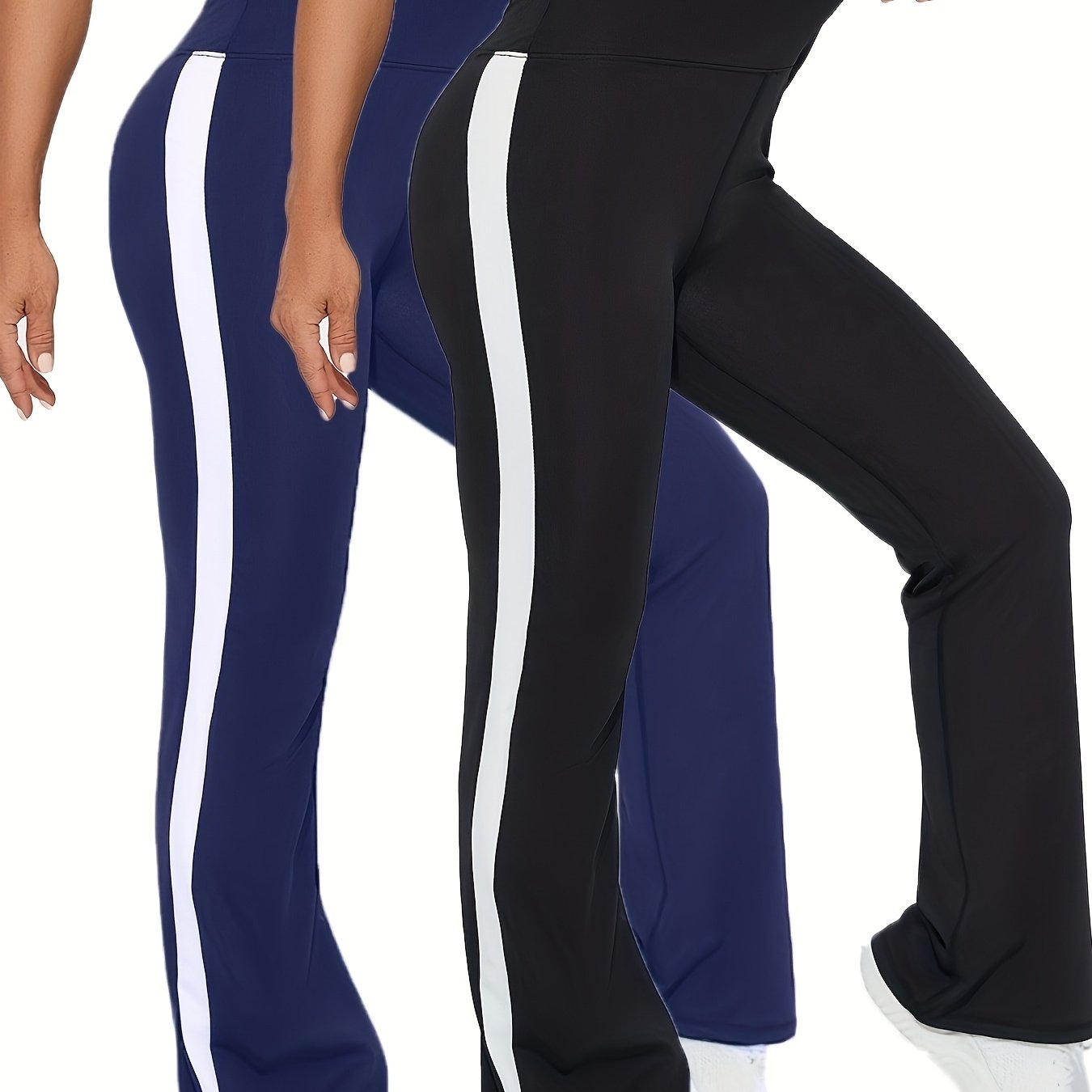 Image of Two-pack Women's High-waisted Leggings With Side Stripes - Casual, Elastic Polyester Blend, Machine Washable - Black And White, Comfortable , High Waist Tights For Ladies' Sportswear