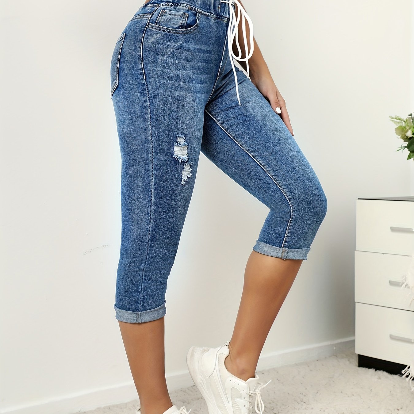 Drawstring Elastic Waist Capris Denim Jeans High Waist - Temu