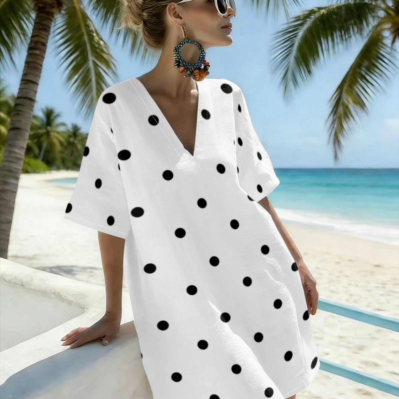 TEMU Women's Casual V-neck Dress With And Black Polka Dots, Short Sleeve Beach Cover-up, Fashionable, Breathable Midi T-shirt Dress, Suitable For And