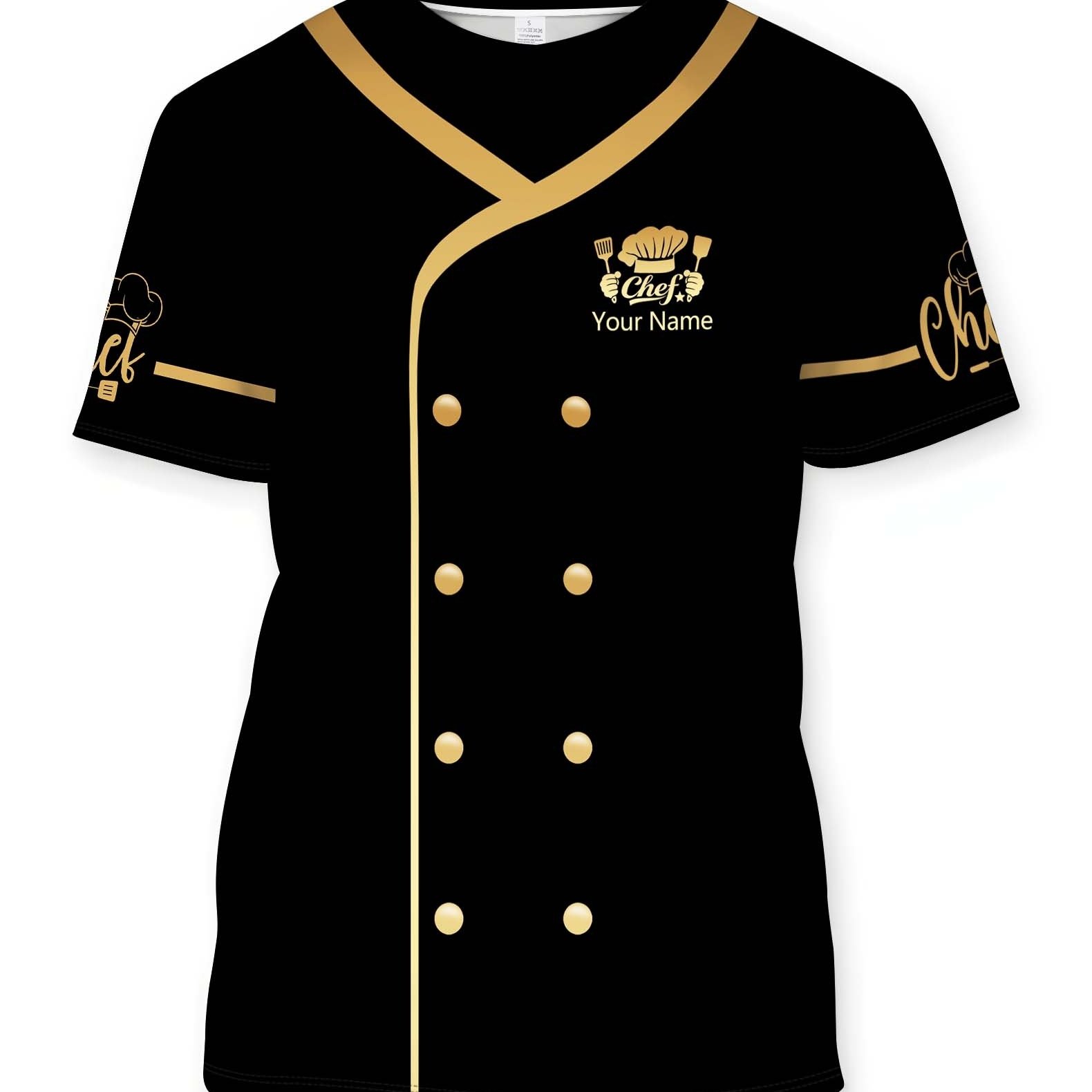 TEMU [Personnalisé] T-shirt de chef à col rond personnalisé avec nom, T-shirt à imprimé de faux boutons, Convient pour uniforme de travail
