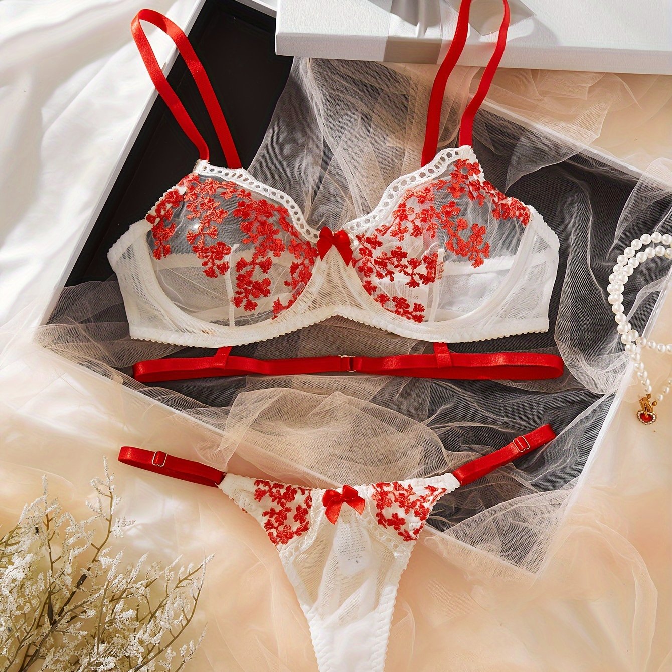 Floral Embroidery Lingerie Set Sheer Mesh Bra Bow Tie Thong - Temu Canada