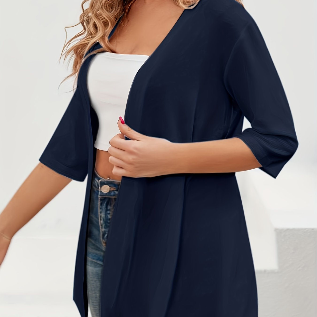 Plus Size - Plus Size - Elegant Plus Size Women's Cardigan | High Stretch, Stand Collar, 3 Quarter Length Sleeve, Solid Color, Fall/winter Collection