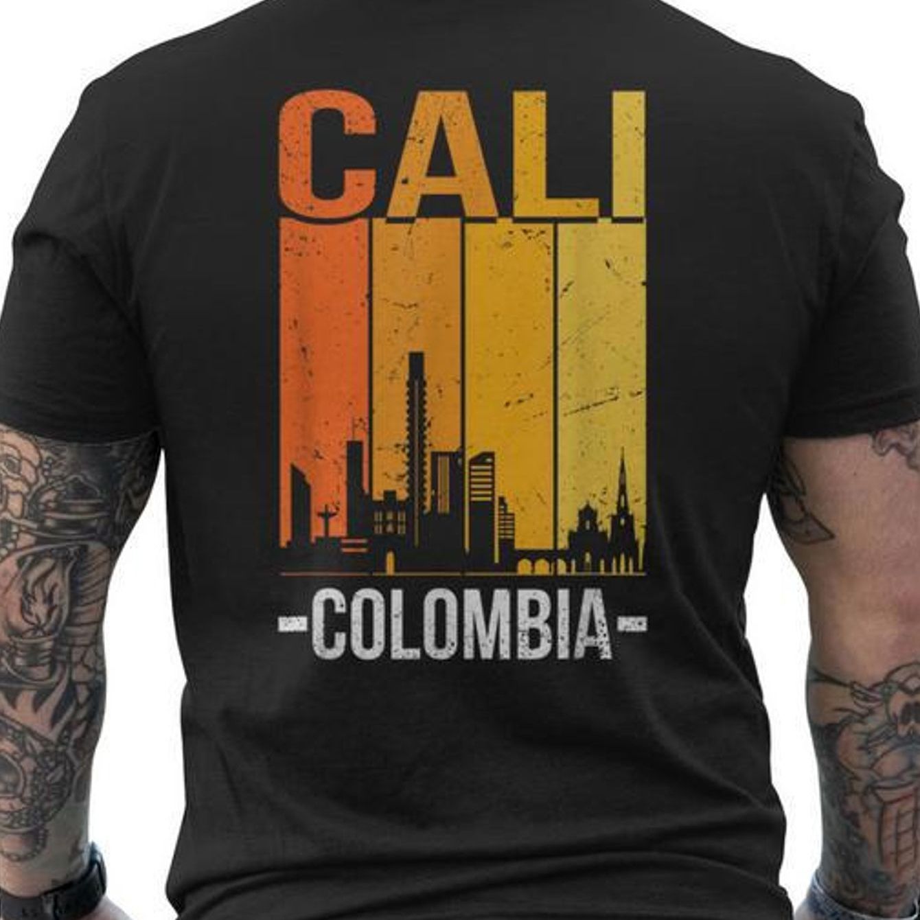 Image of Cali Colombia Retro Sunset Cali Men's T-shirt Back Print - Men's T-shirt - Crew Neck - 100% - Comfortable And Soft Fabric - Casual Short-sleeved T-shirt