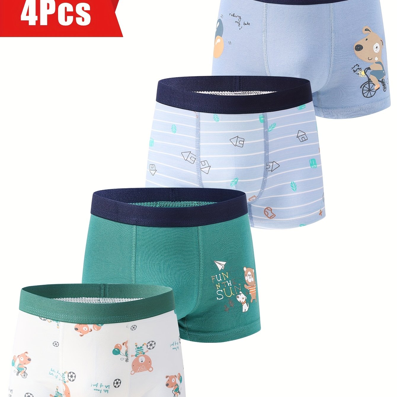 TEMU 4pcs Youleku Boys' Cartoon Print Boxer Briefs - Cotton Spandex Stretchy , Cute Bear & , Light Blue, Teal, White, Underwear For , Cute Underwear, Underwear, Soft Fabric Underwear