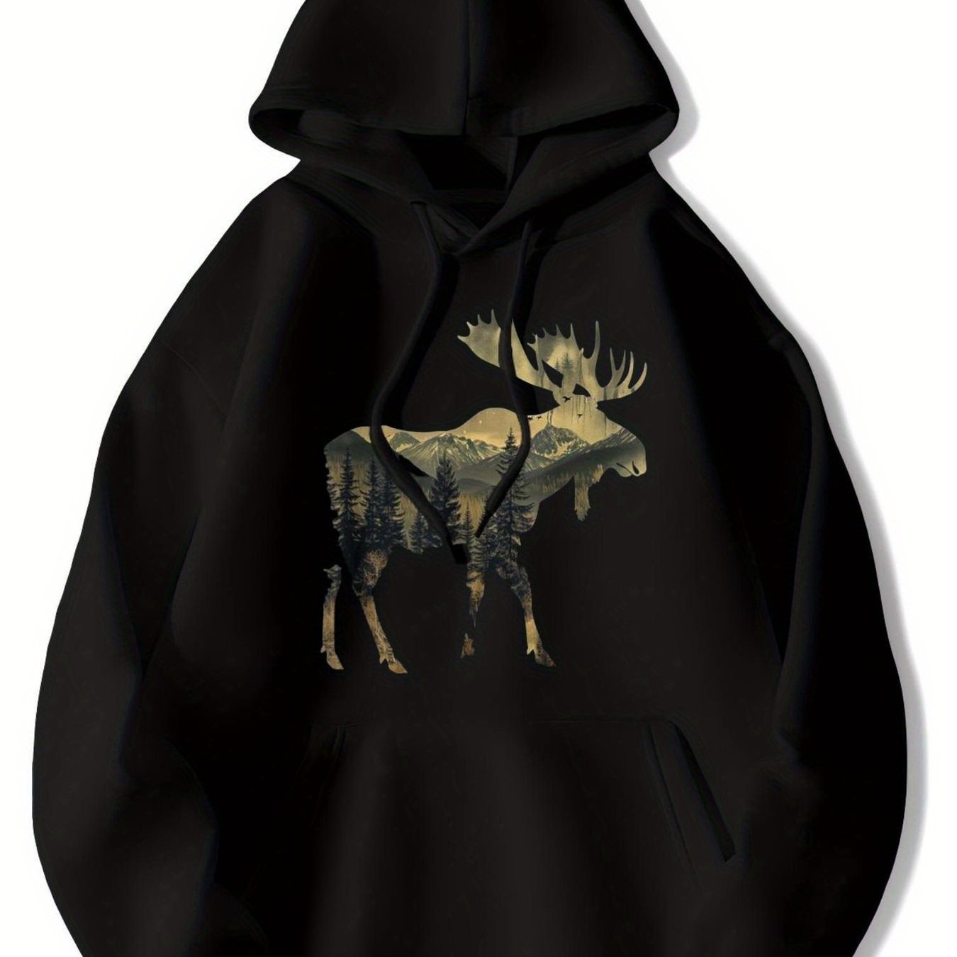 TEMU Sweat à capuche doublé et chaud pour homme avec imprimé forêt d'orignaux, capuche à cordon de serrage, coupe régulière, manches longues, col ras