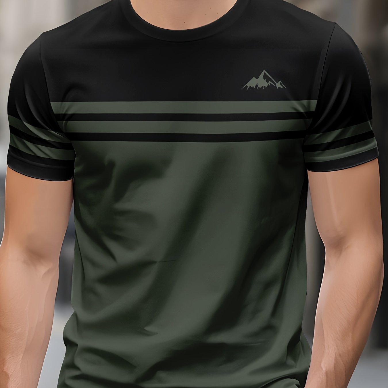 TEMU 1pc Graphic Tee Men Plus Size Crew Neck Short Sleeve Polyester Black Block Stripe Mountain Logo Print Shopping Home Loose Plus Size Fit Summer