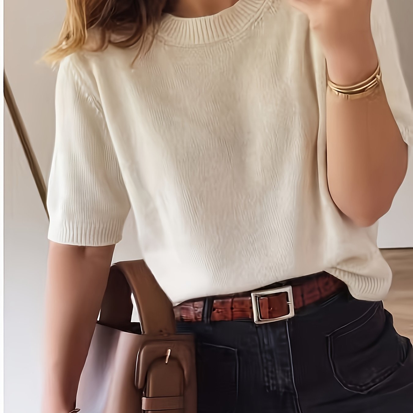E-shop QD1026075 Richtungsweisendes, einfarbiges, vielseitiges Kurzarm-Shirt mit Rundhalsausschnitt für Frühling und Sommer, lässiges, bequemes