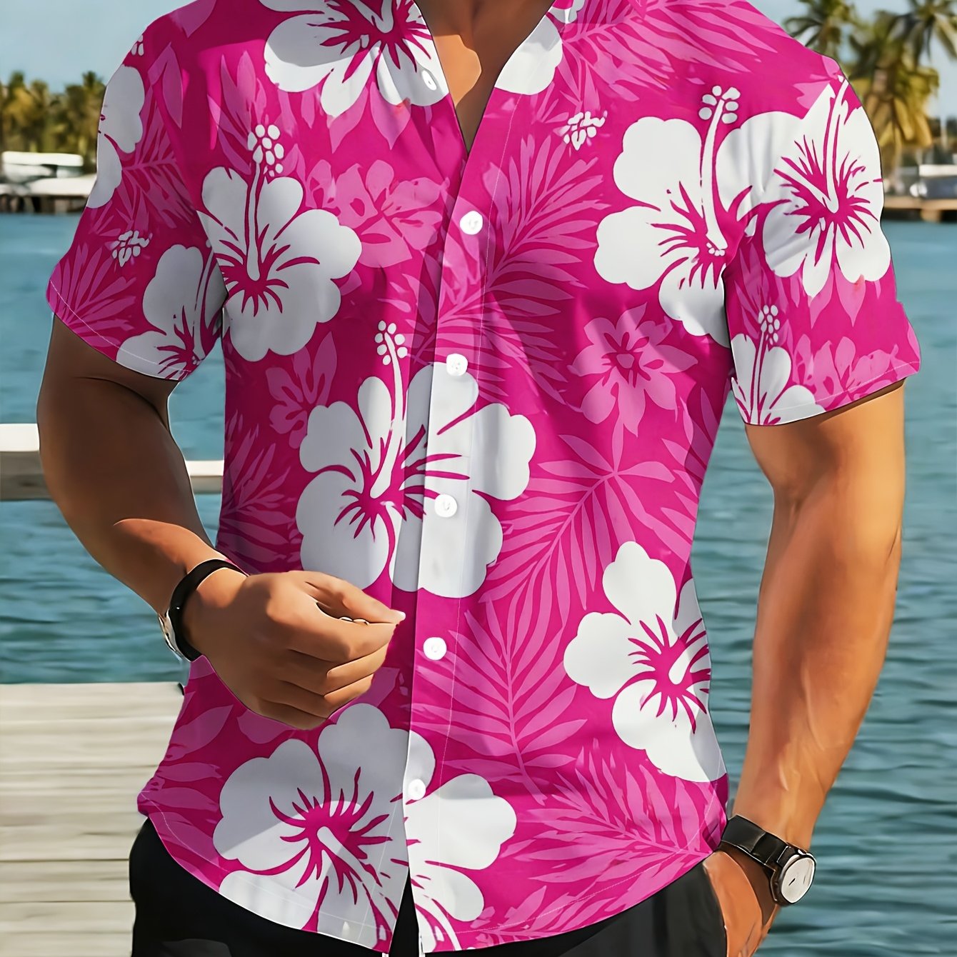 TEMU Men's Fuchsia Hibiscus Short-sleeve Shirt With A Solid And White Floral Print, A Vacation Vibe