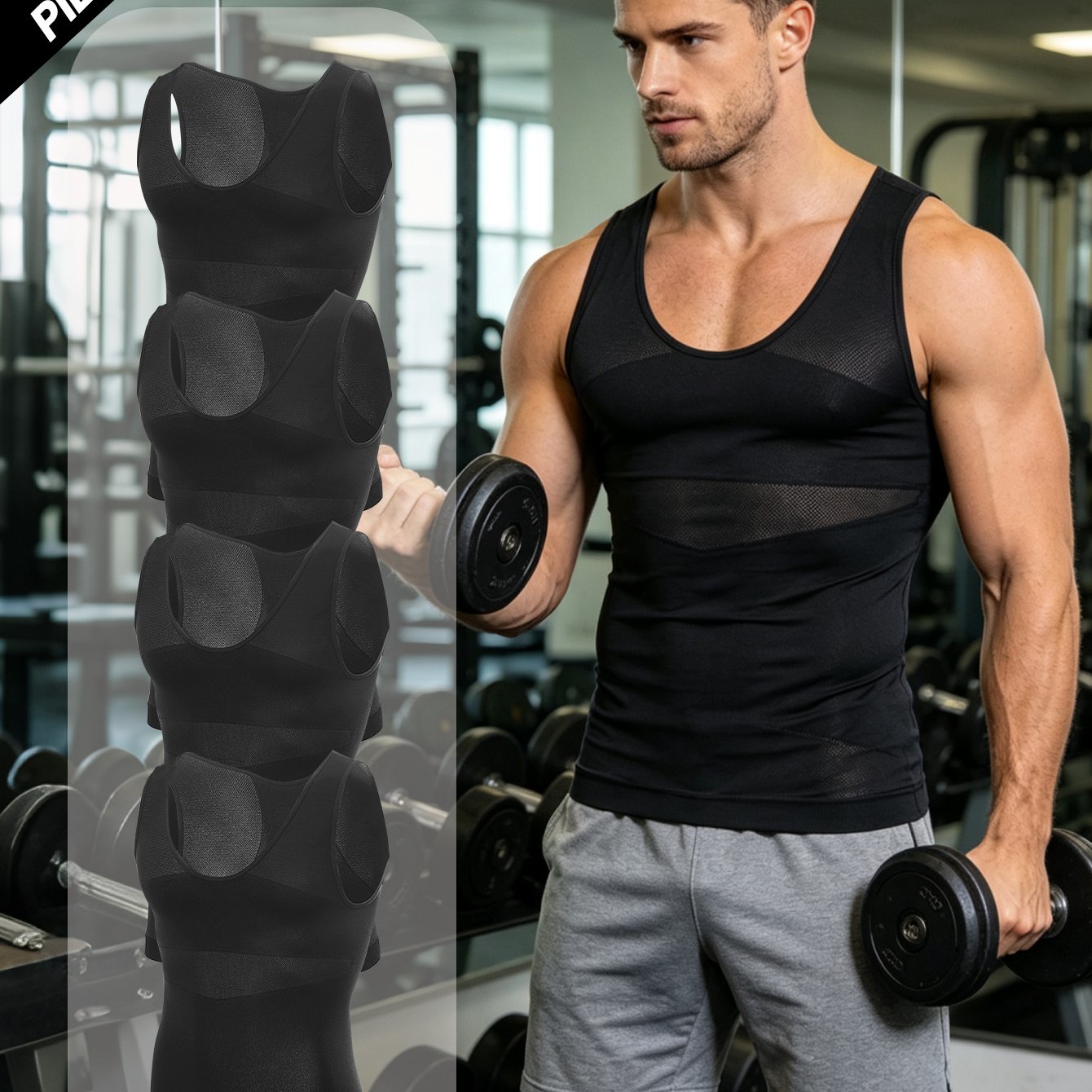 Image of 4-pc Men's Body Shaper Vest - Slimming Compression Undershirt, Body Shaper And Back Support, Abdominal Control, Breathable Material, Black