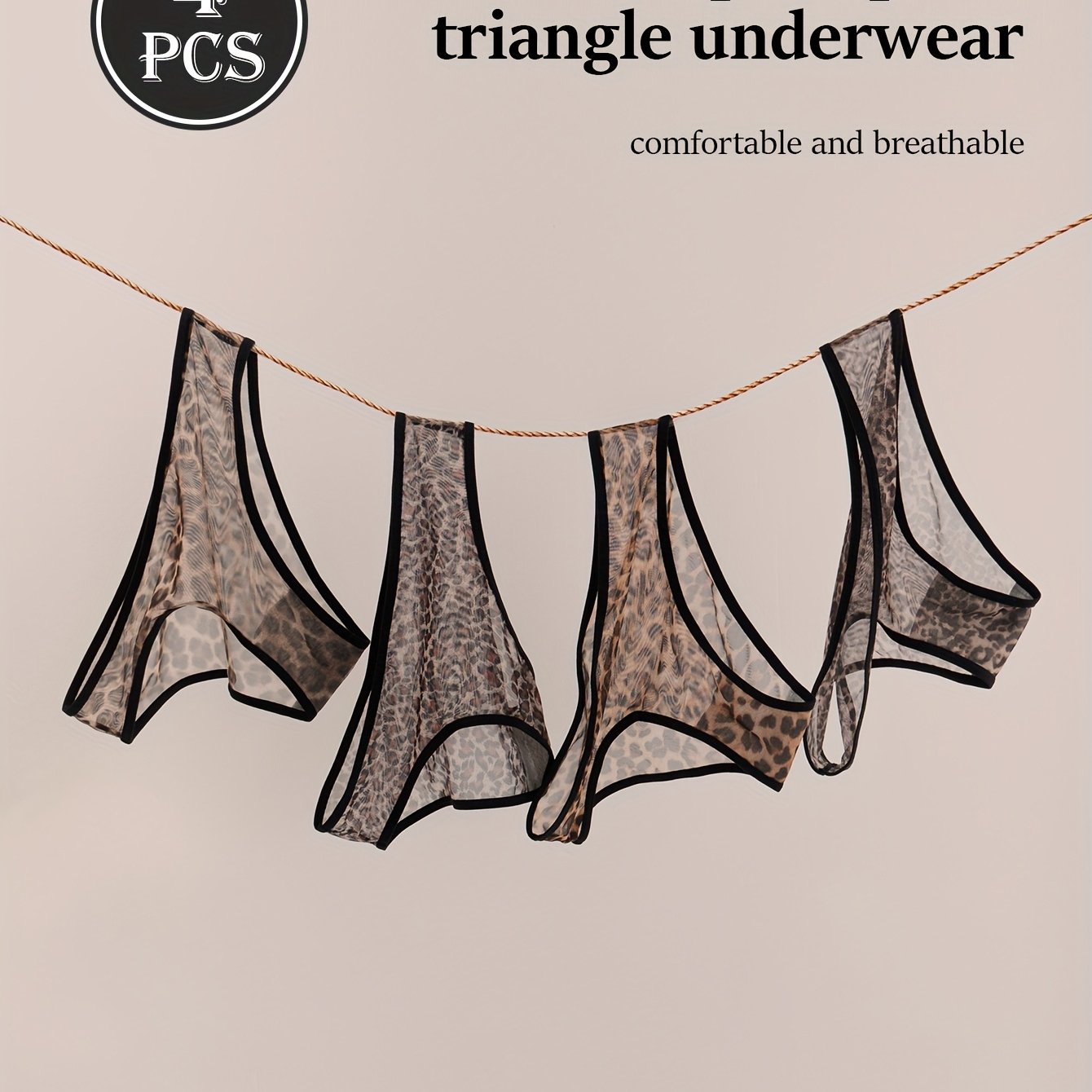 4 Pack Leopard Print Thong Underwear For Women Sheer Mesh Triangle Panties, Sexy Breathable Lingerie With Waistband