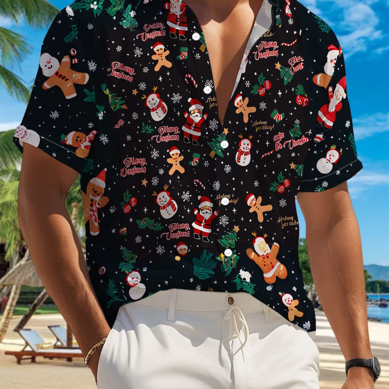 TEMU 's Casual Short-sleeve Shirt With Print Of Christmas Gingerbread Men, Snowmen, And Other Elements On Black Background, Versatile For Holiday