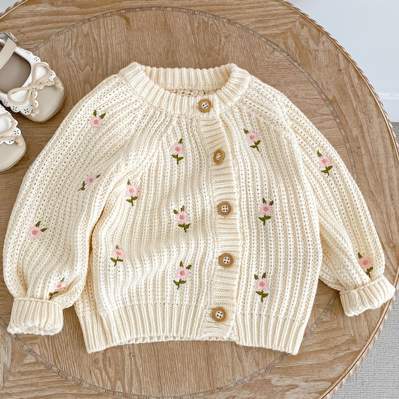 Image of Spring Autumn New Arrival Infant Outfit Floral Embroidery Knit Cardigan Long Sleeve Button Front Sweater Casual Versatile Knit Jacket For 0-4 Years Old Baby Girls