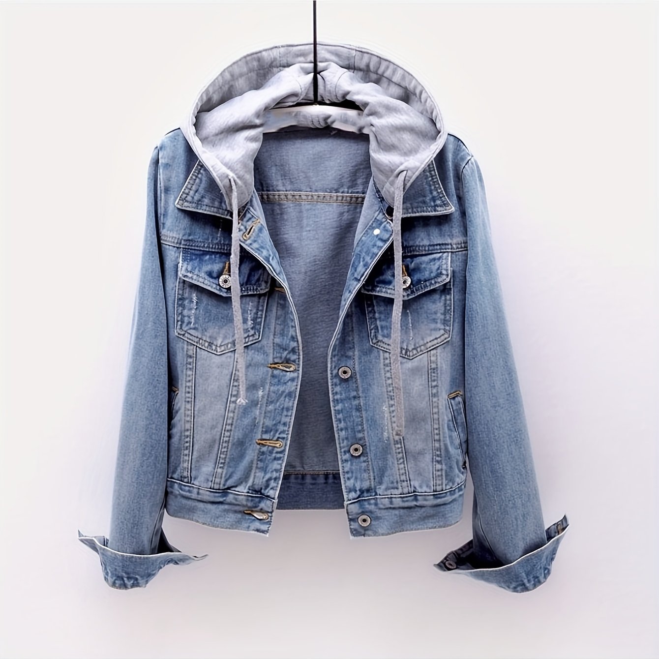 TEMU Women's Casual Denim Jacket, Long-sleeved Hooded Denim Short Jacket, Hat , Suitable For Spring And Autumn And Any