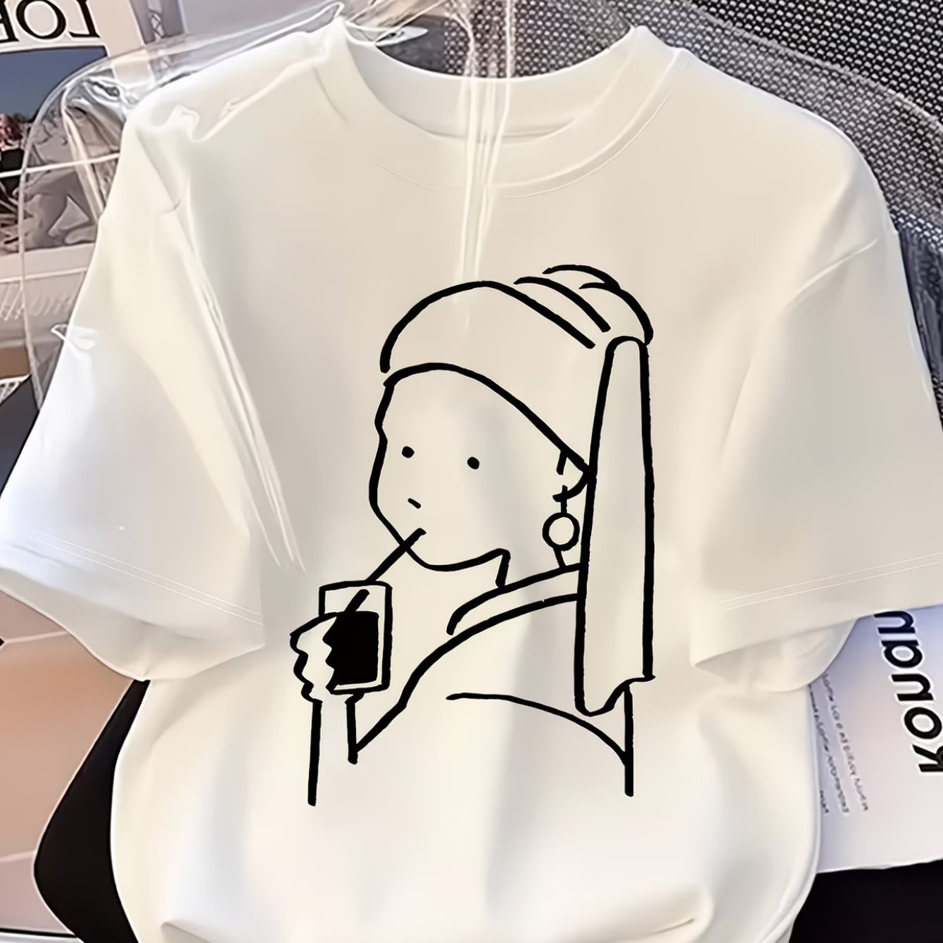 TEMU Women's Crew Neck Short Sleeve T-shirt, Minimalist Cartoon Lady With Pearl Earrings Print, Cute Casual Summer Top, Soft Breathable Tee For Daily
