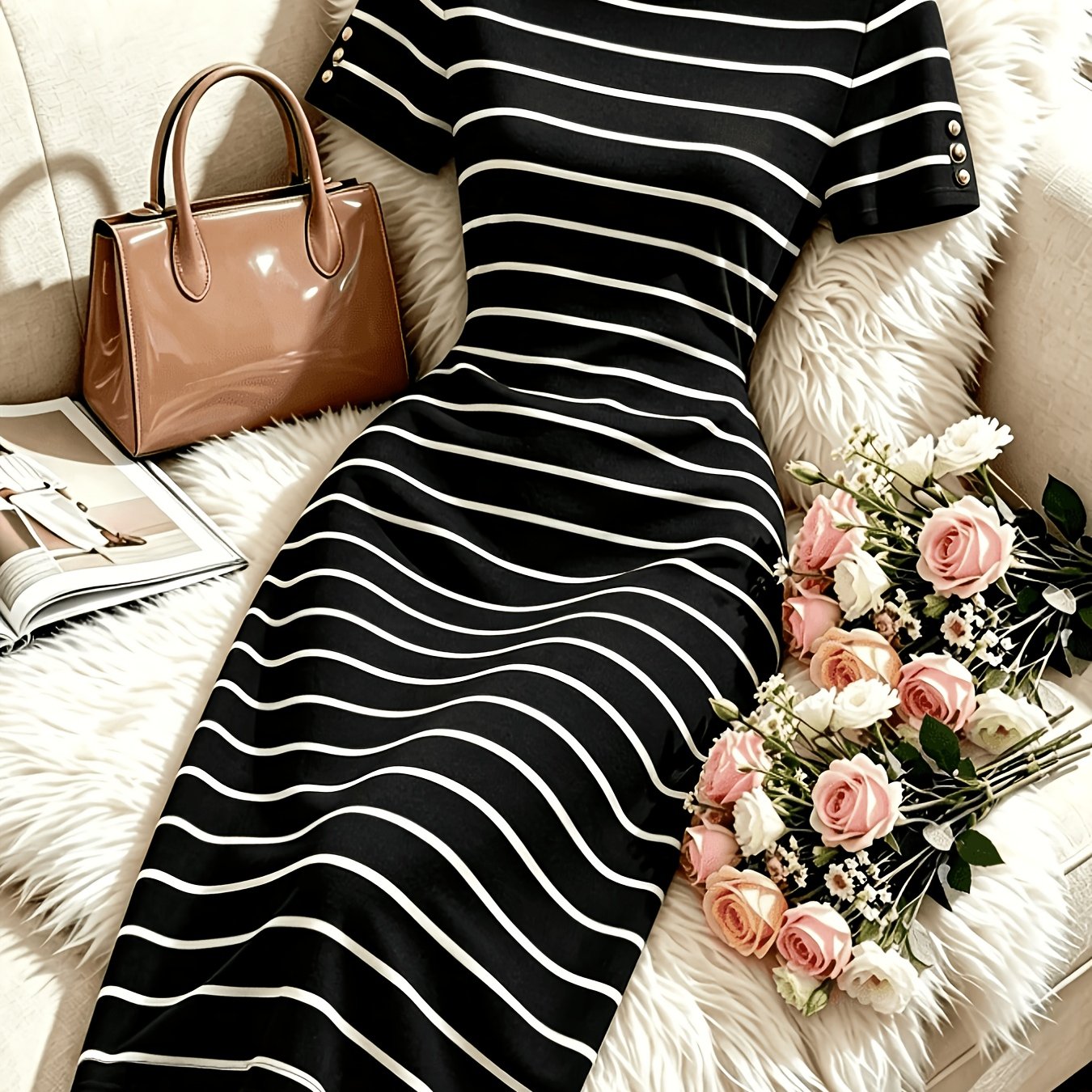 TEMU Women's And White Striped Round Neck Short Sleeve Slim Waist-cinching Mid-length Dress