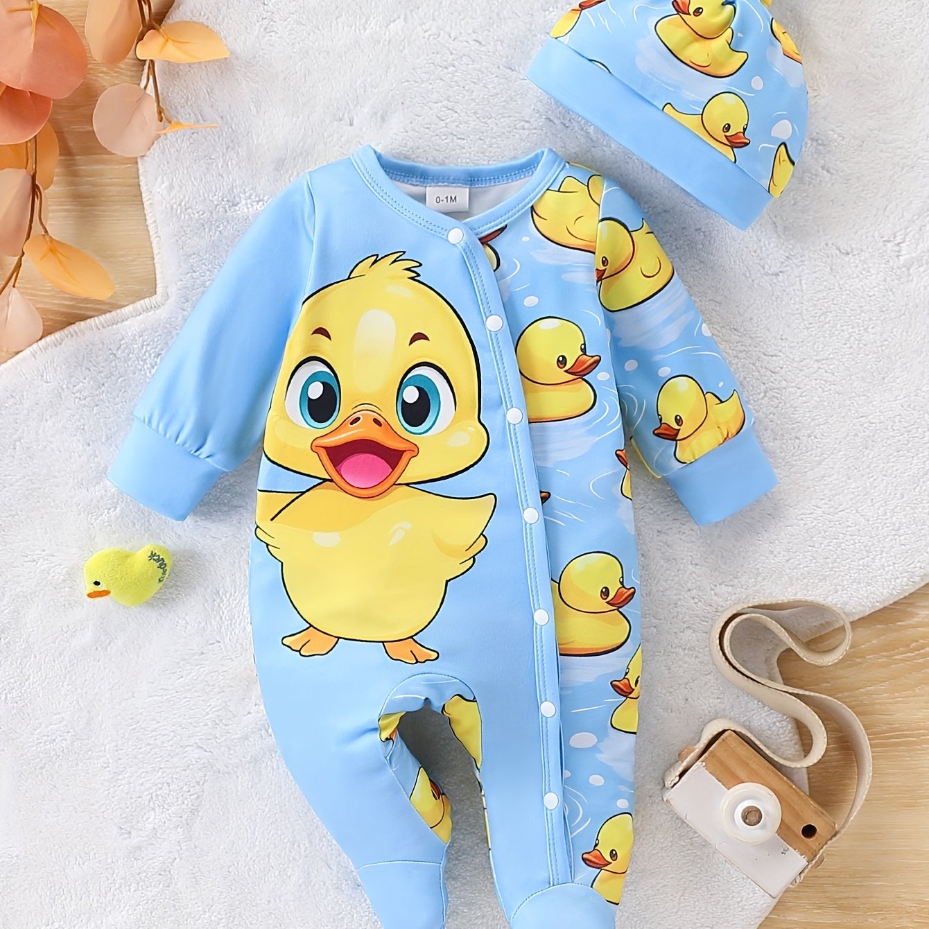Image of Spring And Autumn Children's Cute Duck Cartoon Pattern Footed Romper + Hat Set, Comfortable Soft Fabric, Boys' Clothing, Suitable For Outdoor Activities, Perfect For Outdoor