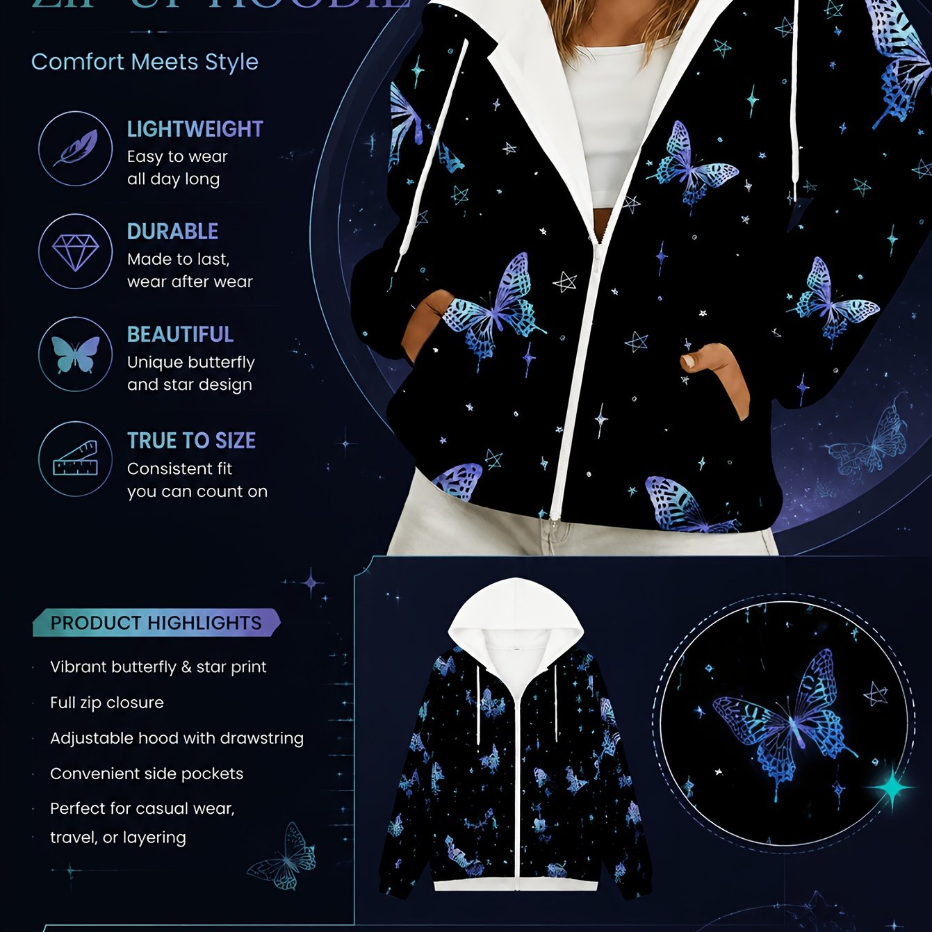 TEMU Plus Size Women's Lightweight 100% Polyester Zip-up Hoodie With Vibrant Print - Casual Loose Fit Long Sleeve Spring/fall Jacket, Black With Neon