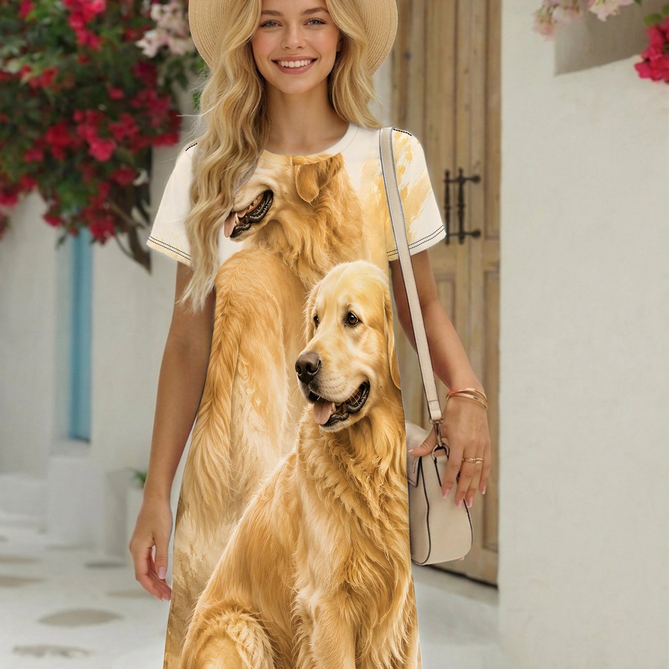TEMU Golden Retriever Duo Portrait Women's Short Sleeve Casual Crew Neck Long T-shirt Dress, Summer Dress With Print, Elegant, Fashionable For Summer