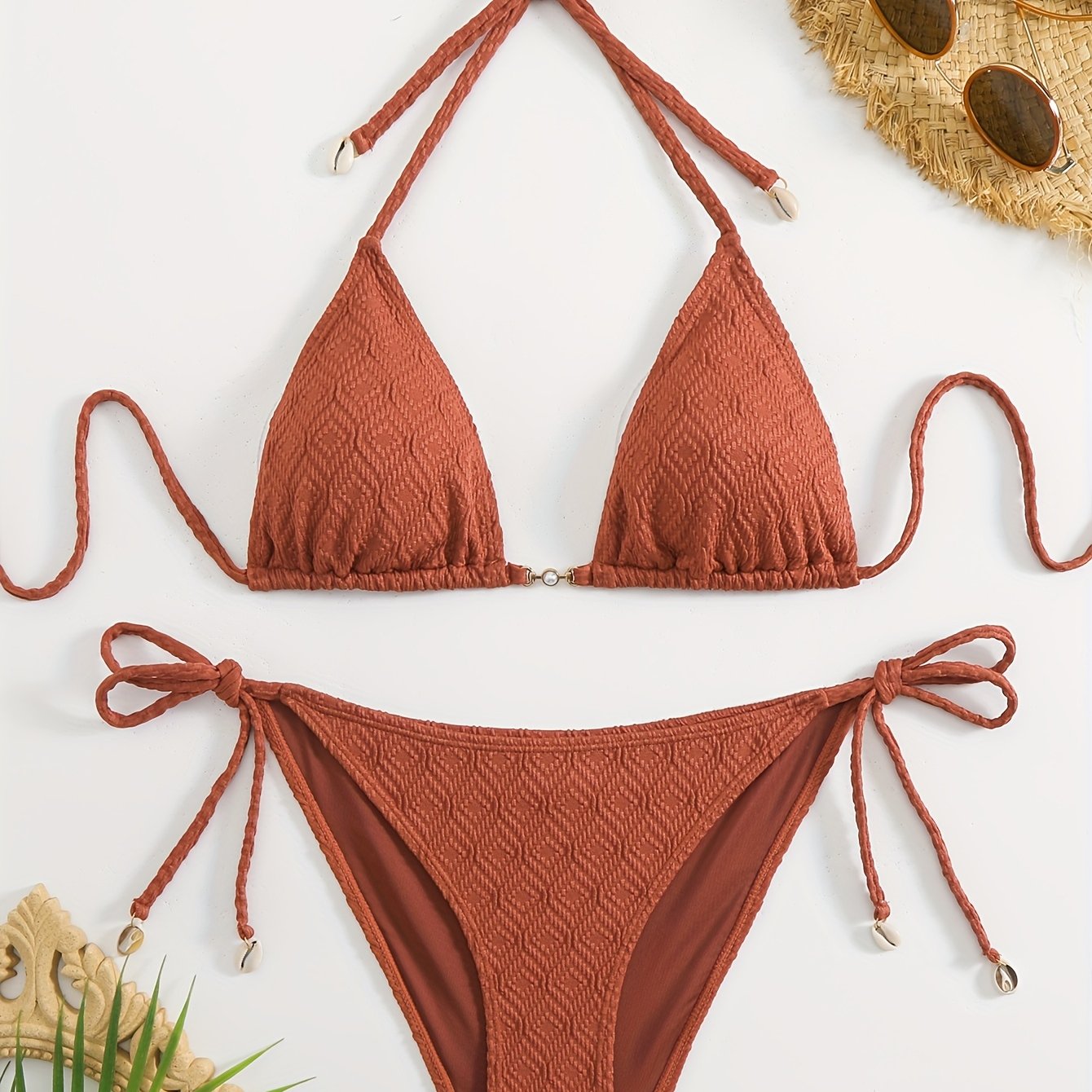 Image of European And American New Style Women's Bikini Set Solid Color Split Beach Vacation Swimwear