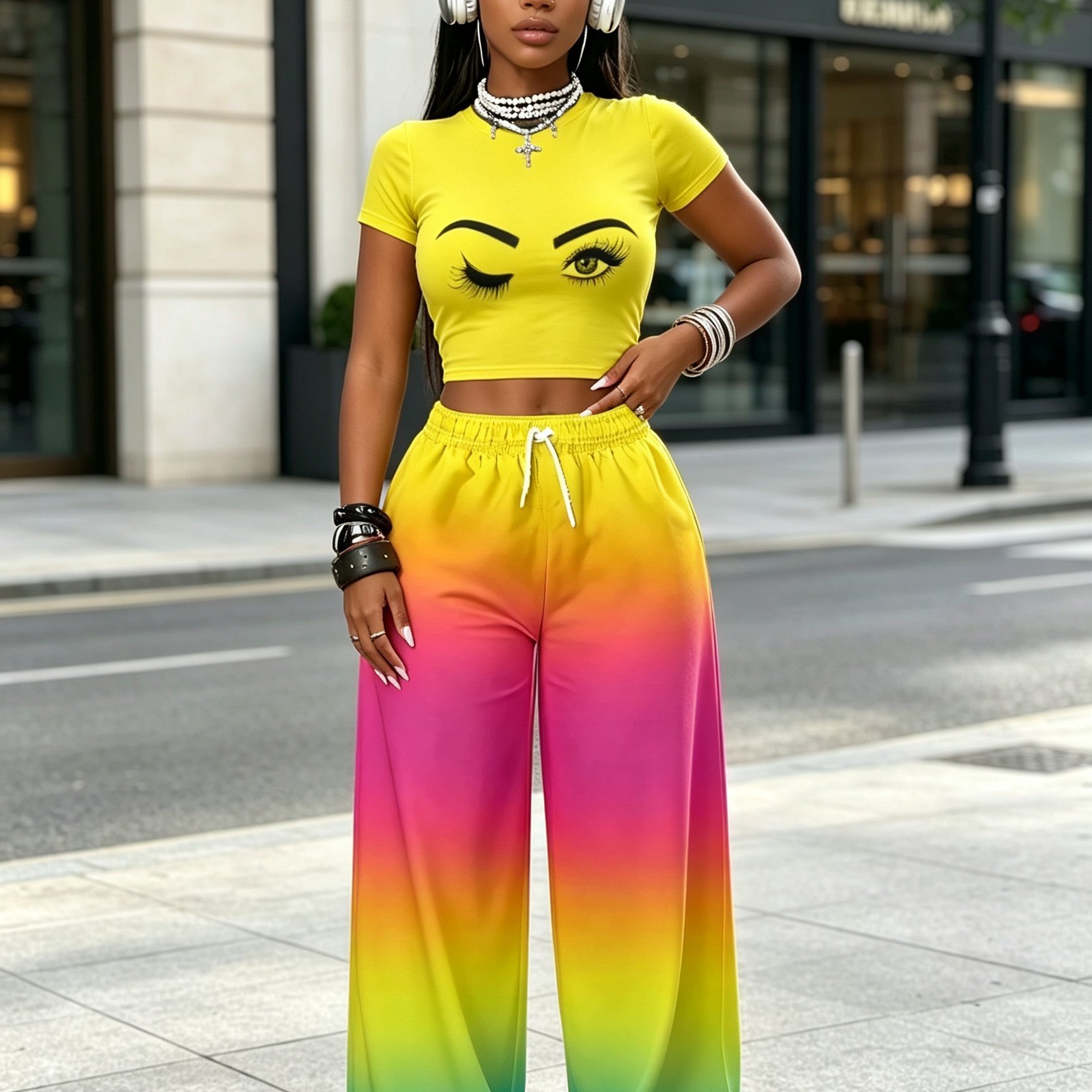 TEMU Y2k Print Short Sleeve Gradient Wide-leg Pants Two-piece Set Hot Outfit