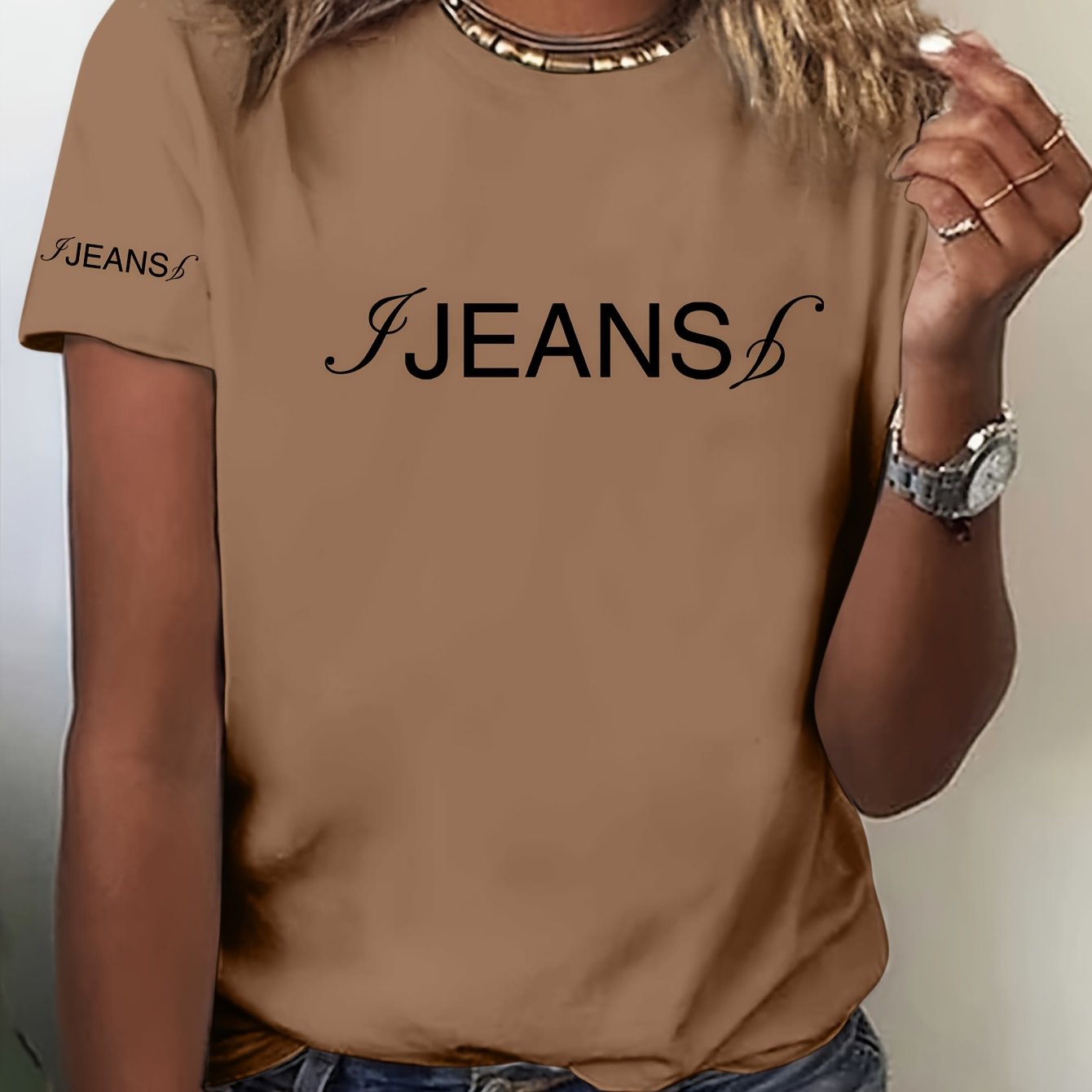 TEMU Artistic Letter Double Print Pattern - Elegant And Fashionable - Women's Round Neck Pullover T-shirt, Casual Sport Short Sleeve, Sizes S-xxl,