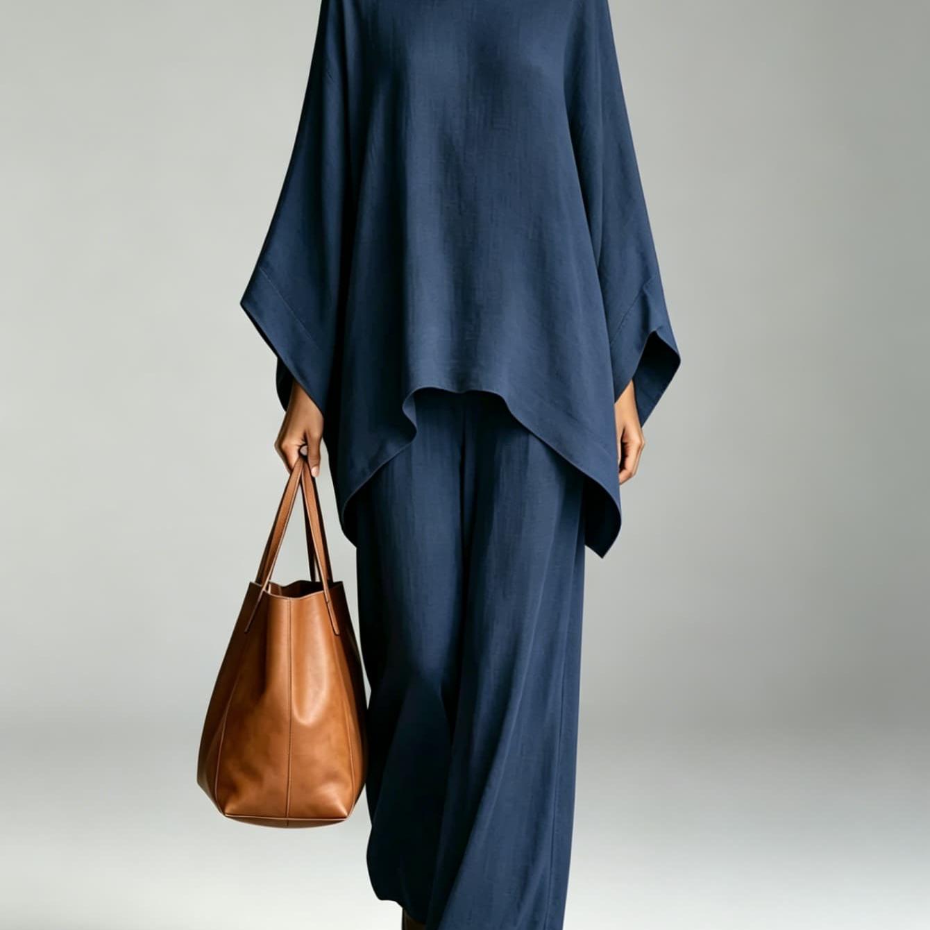 Image of Women's Casual 2pcs Outfit, Asymmetric Hem Batwing Sleeve Top & High Waist Wide Leg Pants, Versatile Loungewear