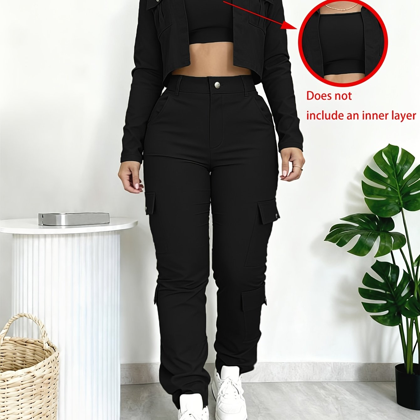 TEMU Women's Versatile 2pcs Set Featuring A Slim-fit V-neck Cropped Shirt And American-style Wide-leg Pants With Multiple Pockets, Sold Without An