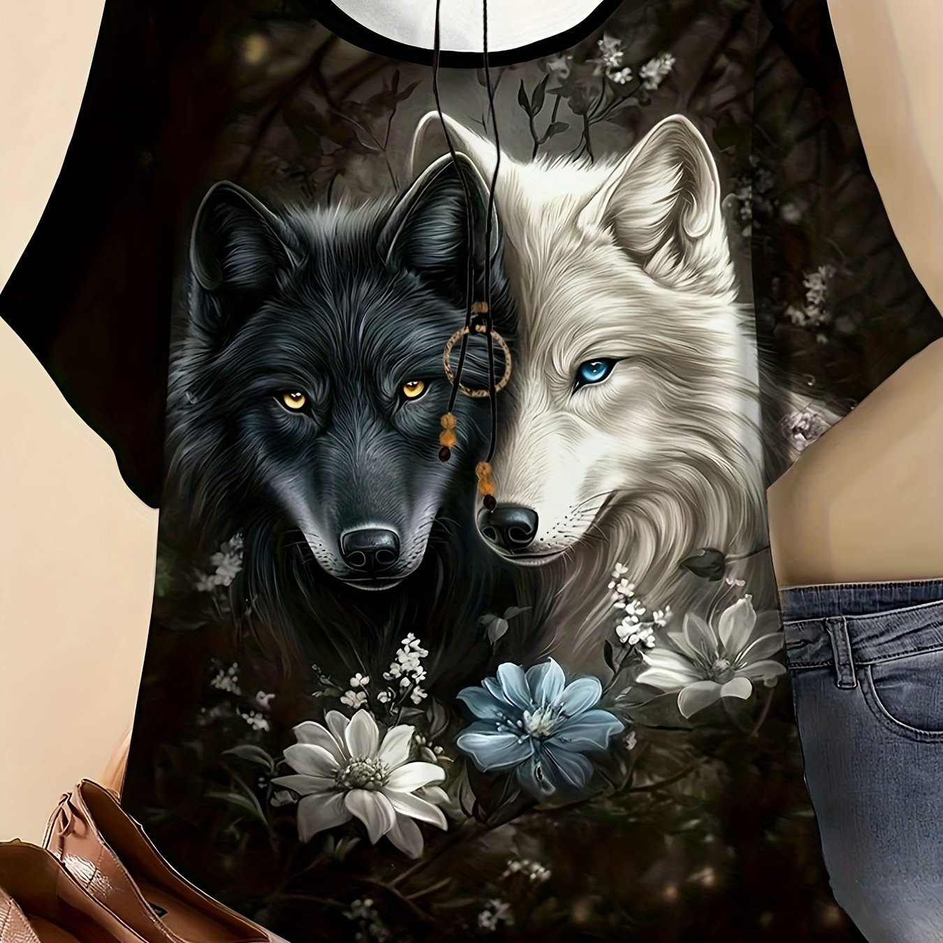 Plus Size, Women's Plus Size Wolf Print T-shirt - Full-size Round Neck Short Sleeve Blouse Suitable For - Casual Wear, , Machine Washable Opaque Top For Outdoor & Everyday Outfits (wolf Head Floral)