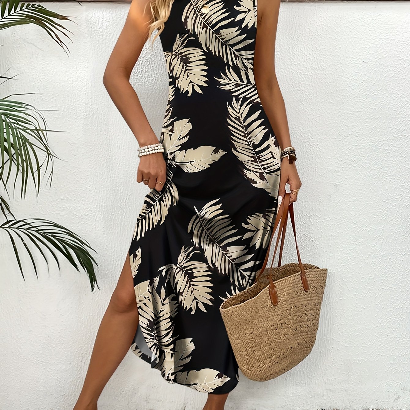 Printed Casual Summer Tank Dress, Versatile Round Neck Skirt For Outerwear Or Layering