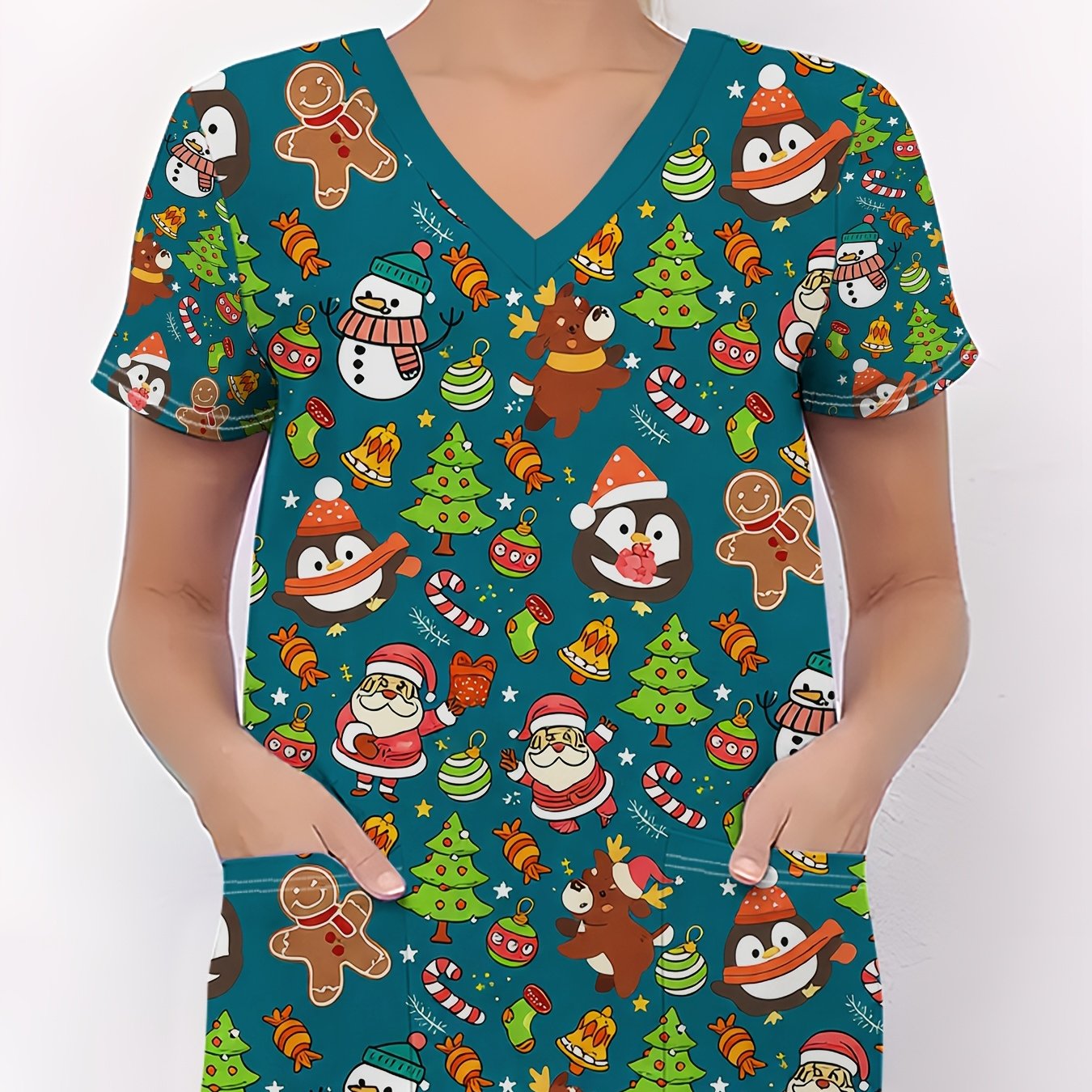 TEMU Christmas Women's T-shirt, V-neck Short Sleeve With Christmas Print, Elegant Women' Top, Soft Women's Nurse Uniform, Christmas Gift