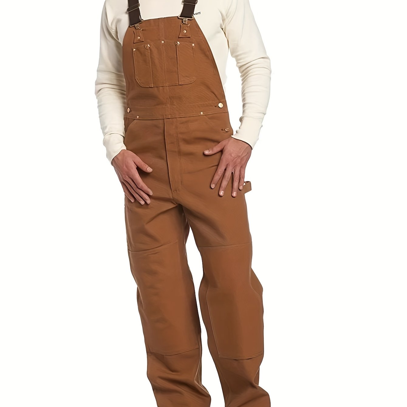 TEMU Men's Brown Oxford Overalls - Multi-pocket Workwear With Adjustable Straps And Waist, Durable For Farm/ranch, Motorcycle And Outdoor - Perfect
