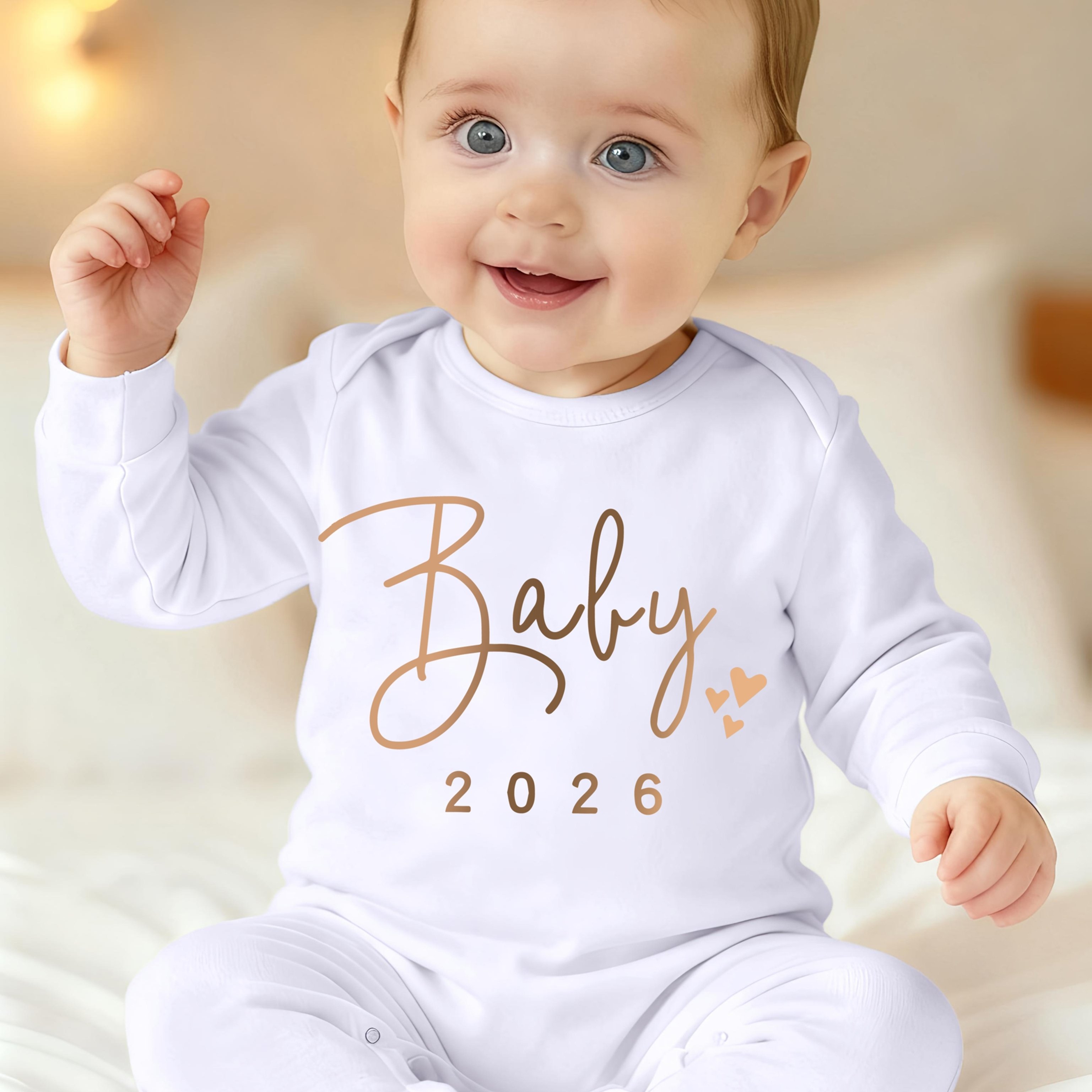 Baby 2026 Letter New Year Print Newborn Footed Romper, Children's Footed Crawling Suit, Onesie, Pregnancy Gift, Perfect For Outdoor