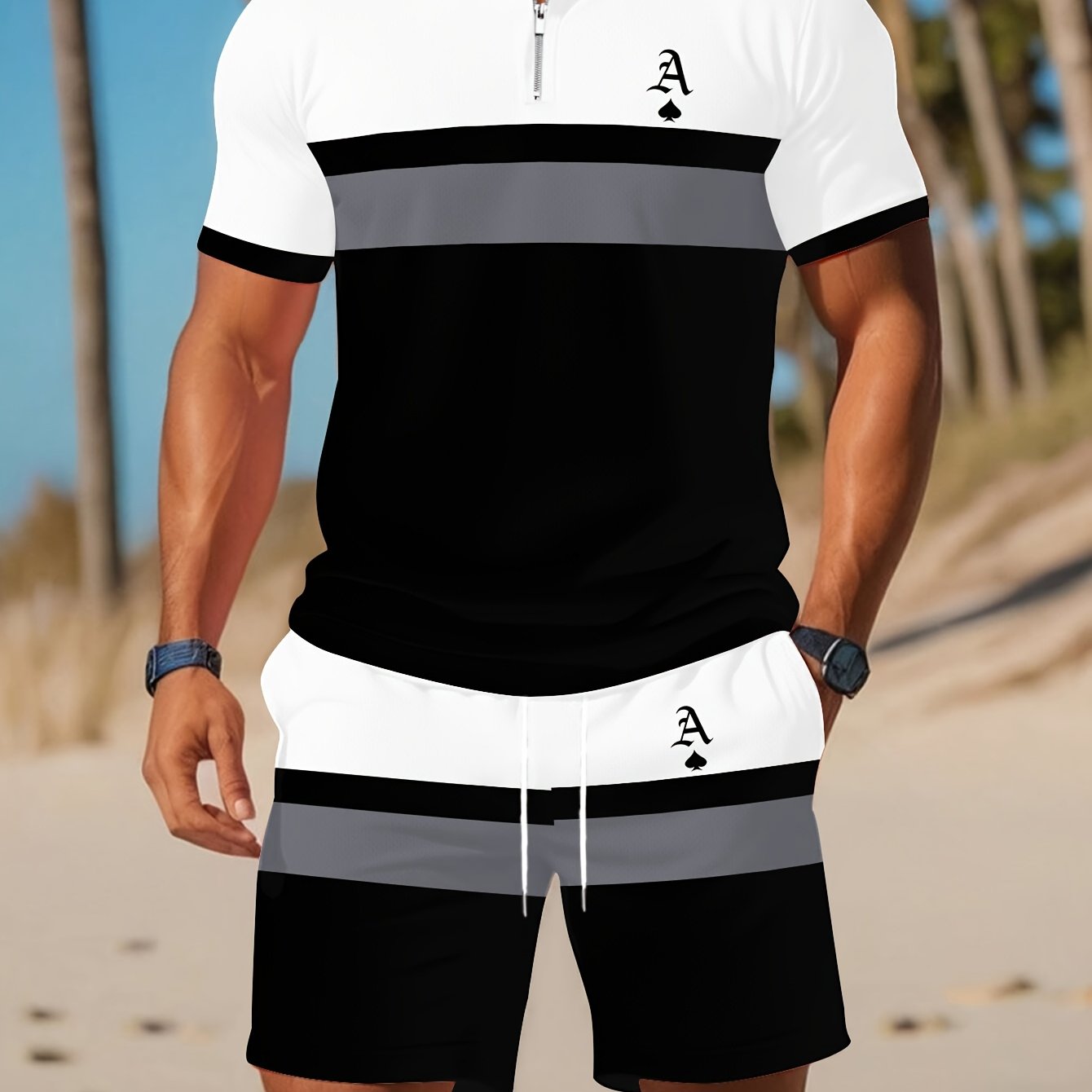 TEMU Men's 3d Print Shirt & Drawstring Shorts Set In Maroon, White & Gray - Design, Lightweight Polyester, Ideal For Casual & Outdoor Activities