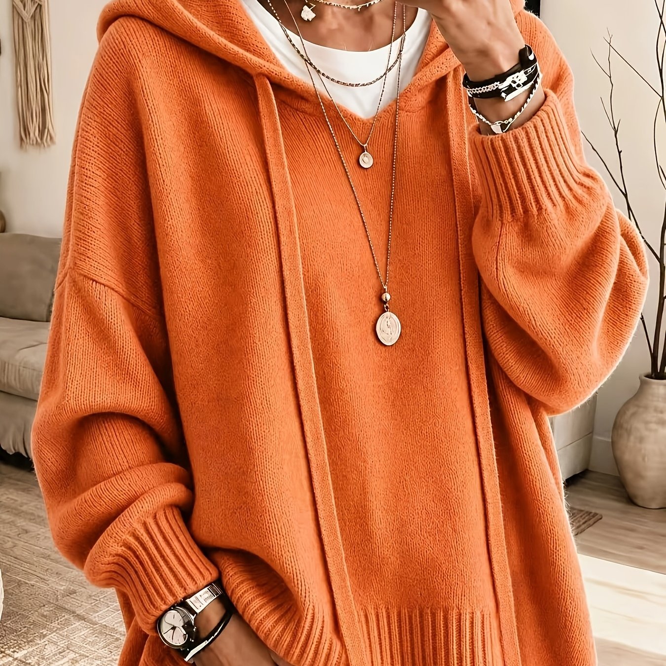 TEMU Sweatshirt ample à capuche avec cordon de serrage, pull élégant et polyvalent à manches longues et épaules tombantes , et
