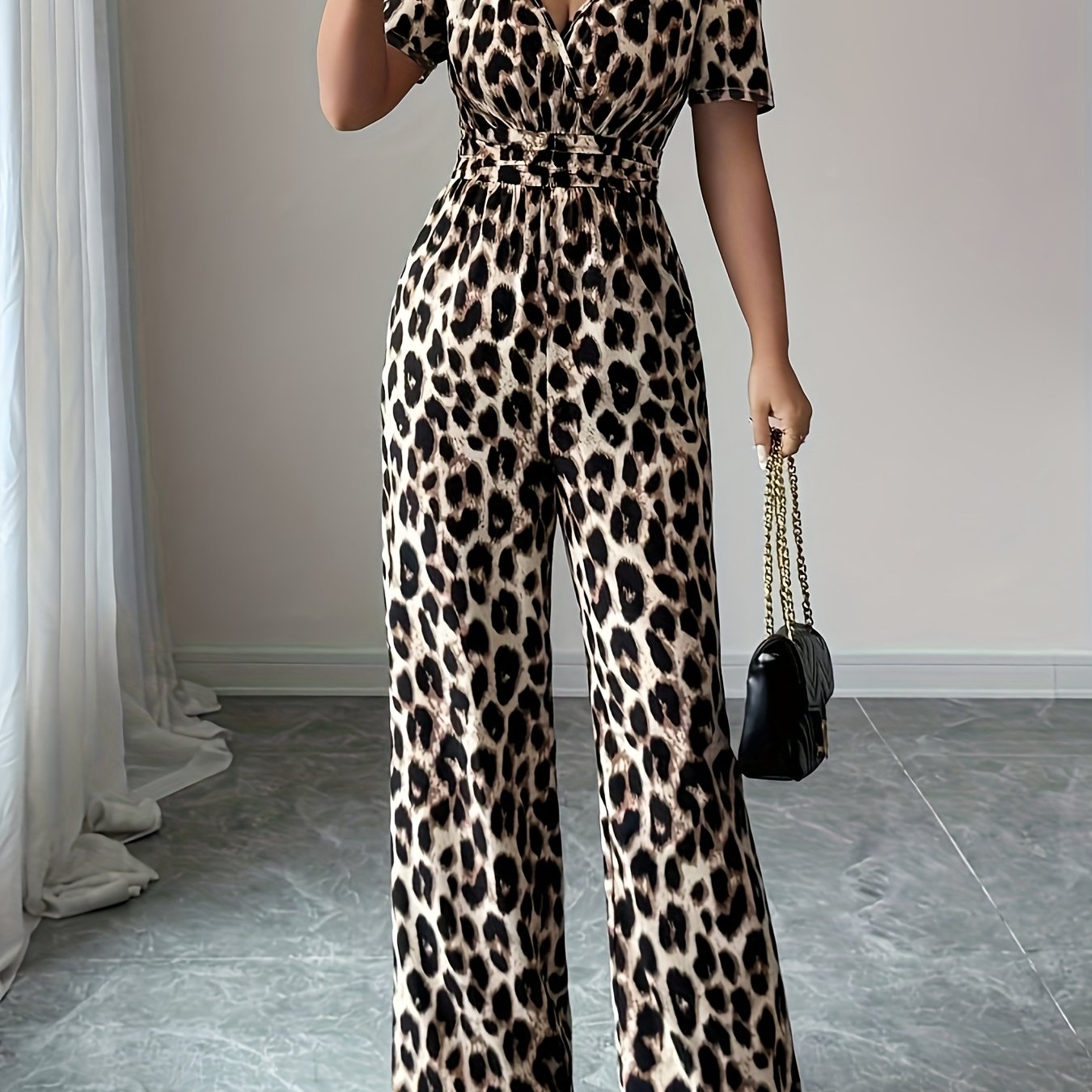 Women's Elegant Vacation Casual Leopard Print Jumpsuit, Essential, Fashion Leopard Print V-neck